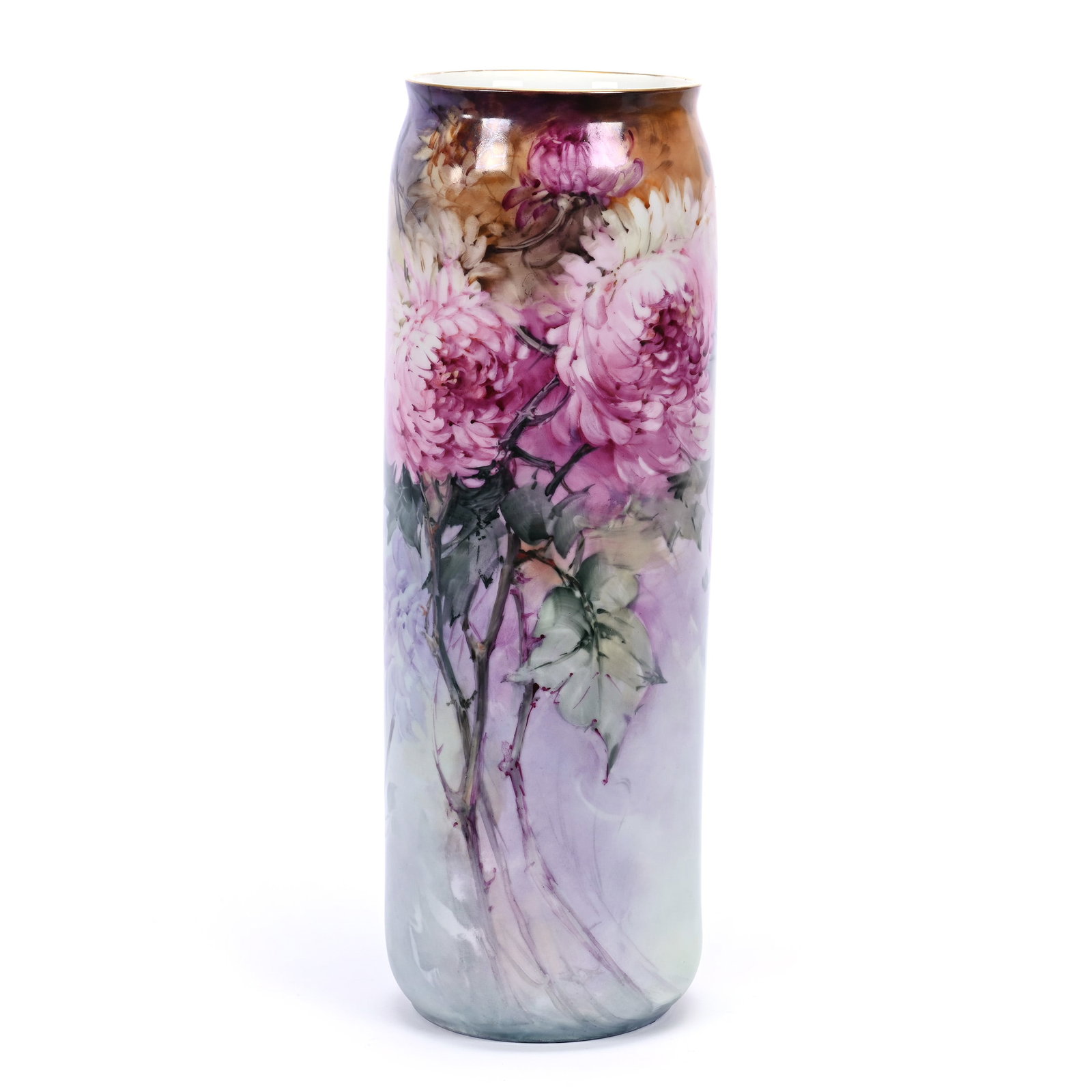Cylinder Vase Marked T.L. Limoges, Beautiful Chrysanthemum Decor, Nice Pastel Colors: Cylinder Vase Marked T.L. Limoges, Beautiful Chrysanthemum Decor, Nice Pastel Colors, 15.75" x 5", Michigan Private Collection.