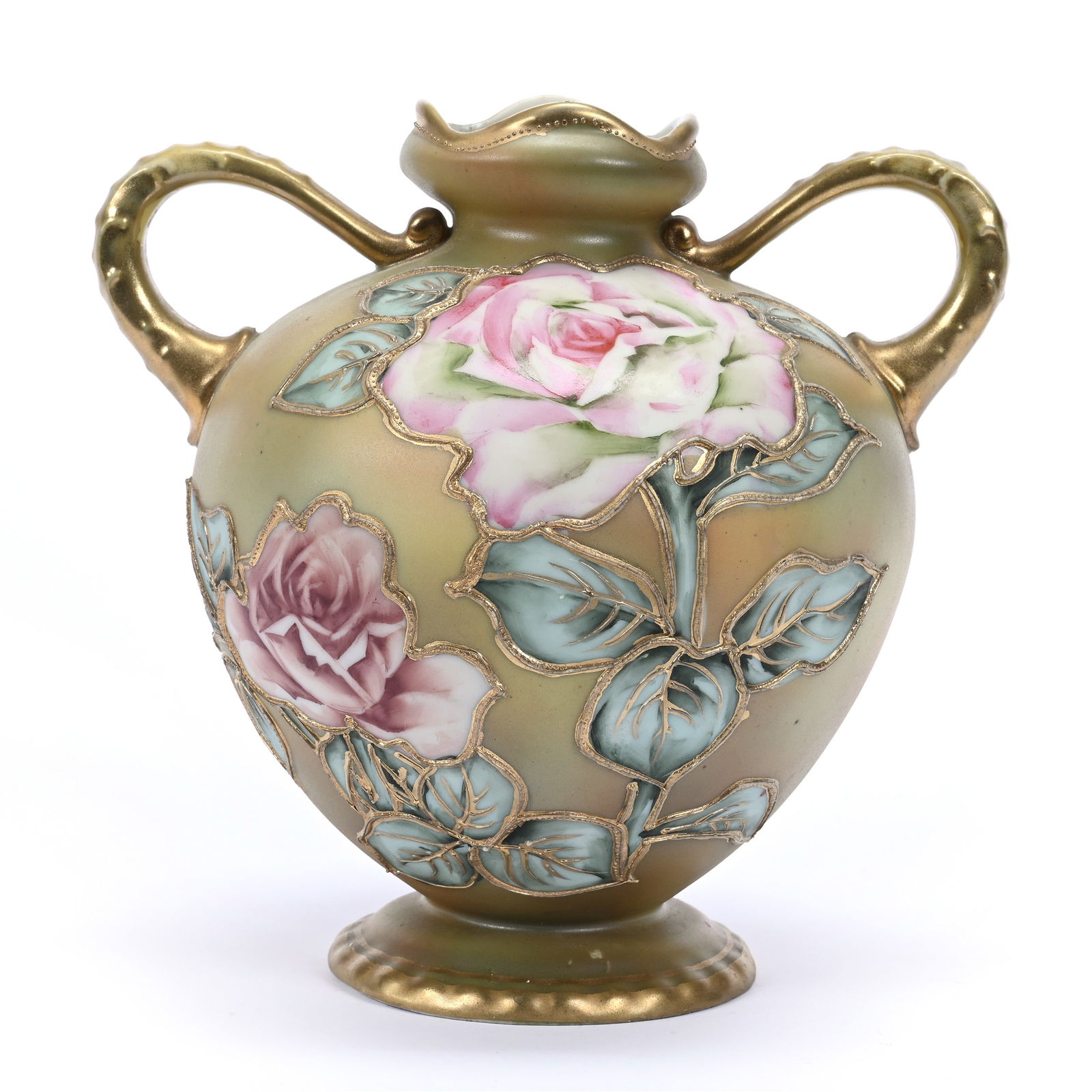 Vase Two Handles, Marked Nippon, Green And Brown Tones, Rose Decor, Raised Gold Highlights: Vase Two Handles, Marked Nippon, Green And Brown Tones, Rose Decor, Raised Gold Highlights, 7.5" x 7.5" x 6", Michigan Private Collection.