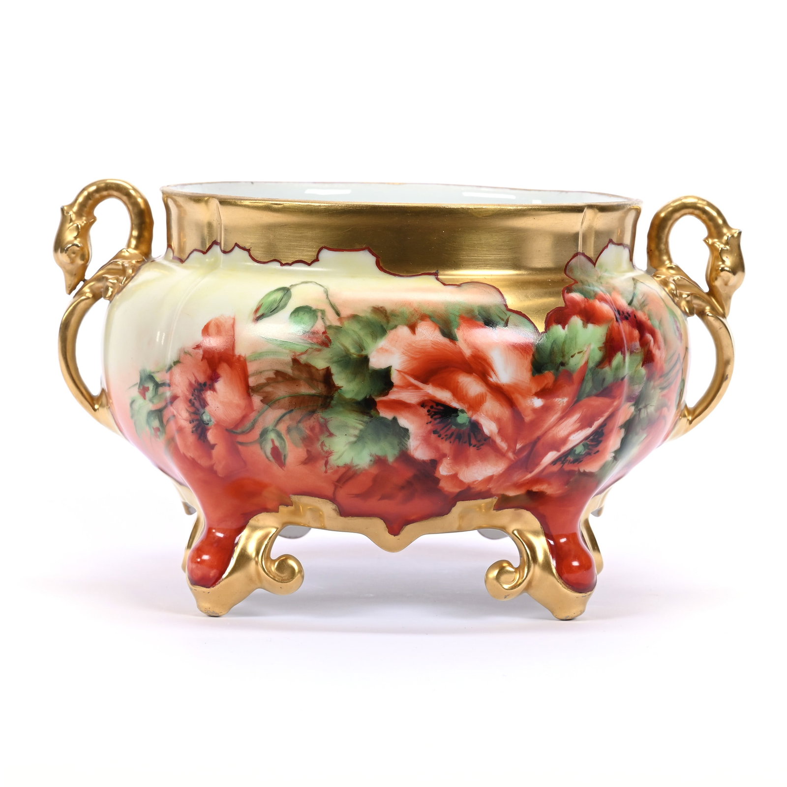 Footed Jardiniere, Two Handles, Marked T And C Limoges, Orange And Yellow Tones, Poppy Decor: Footed Jardiniere, Two Handles, Marked T And C Limoges, Orange And Yellow Tones, Poppy Decor, 5.5" x 9.5"x 8", Figural Swan Handles, Heavy Gold Highlights, Artist Signed, Dated 1921, Michigan Private 