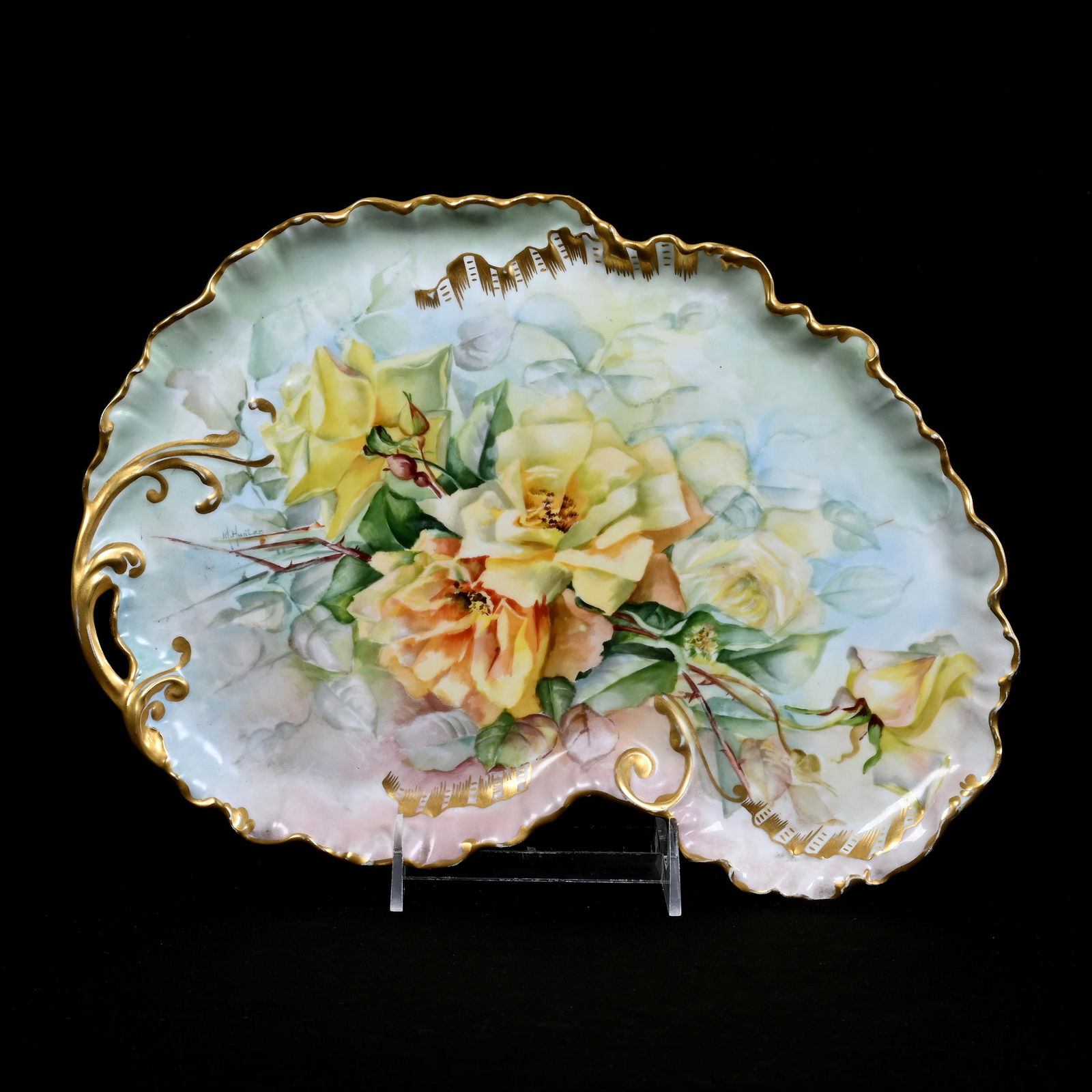 Tray Marked W. G. Limoges, Pink And Blue Ground, Yellow Rose Decor, Artist Signed M. Hunter: Tray Marked W. G. Limoges, Pink And Blue Ground, Yellow Rose Decor, Artist Signed M. Hunter, 13" x 9", Nice Gold Highlights, Michigan Private Collection.