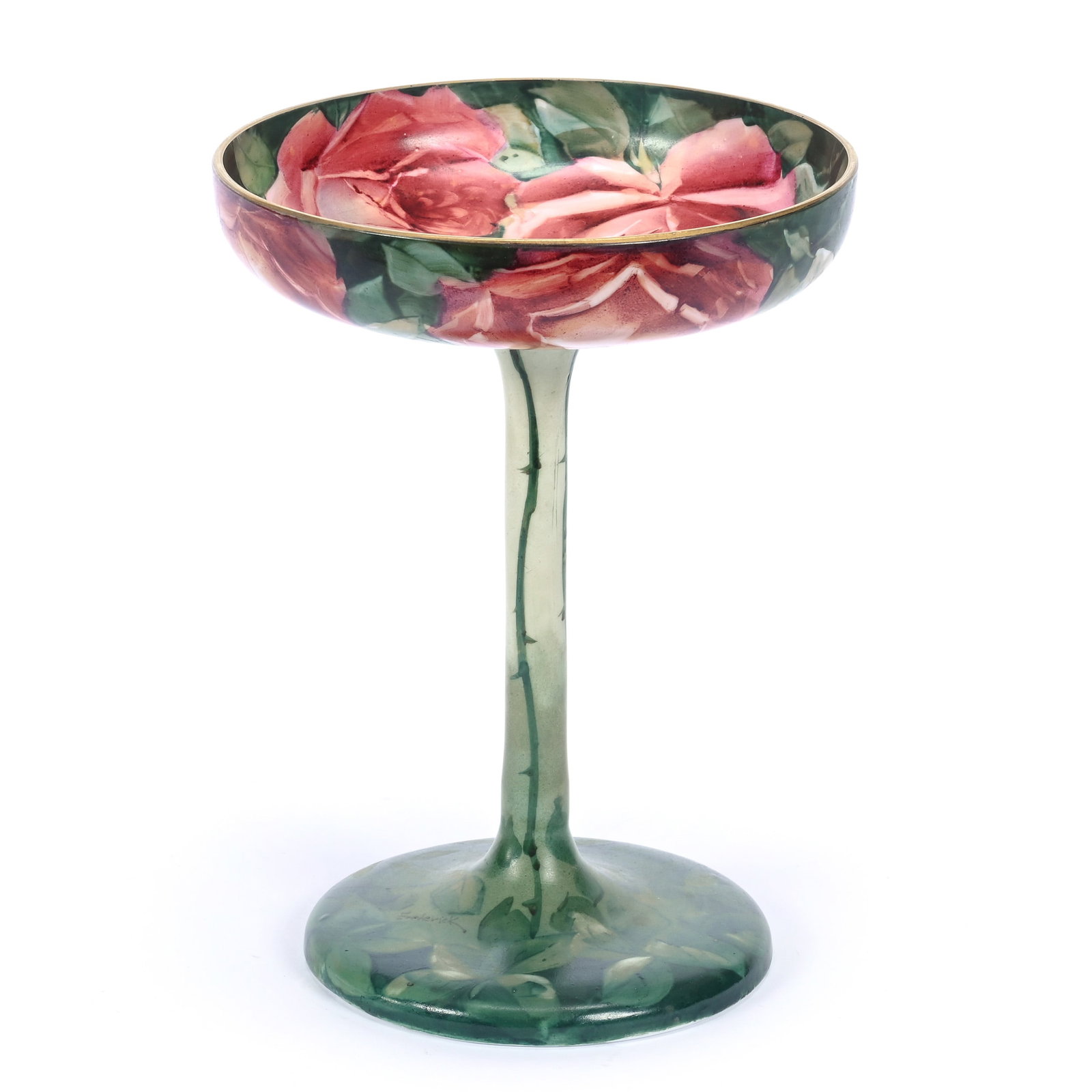 Compote Marked Handel Ware, Beautiful White Opal With Hand Painted Red Rose And Green Leaf Decor: Compote Marked Handel Ware, Beautiful White Opal With Hand Painted Red Rose And Green Leaf Decor, 8" x 6", Artist Signed Frederick, Michigan Private Collection.
