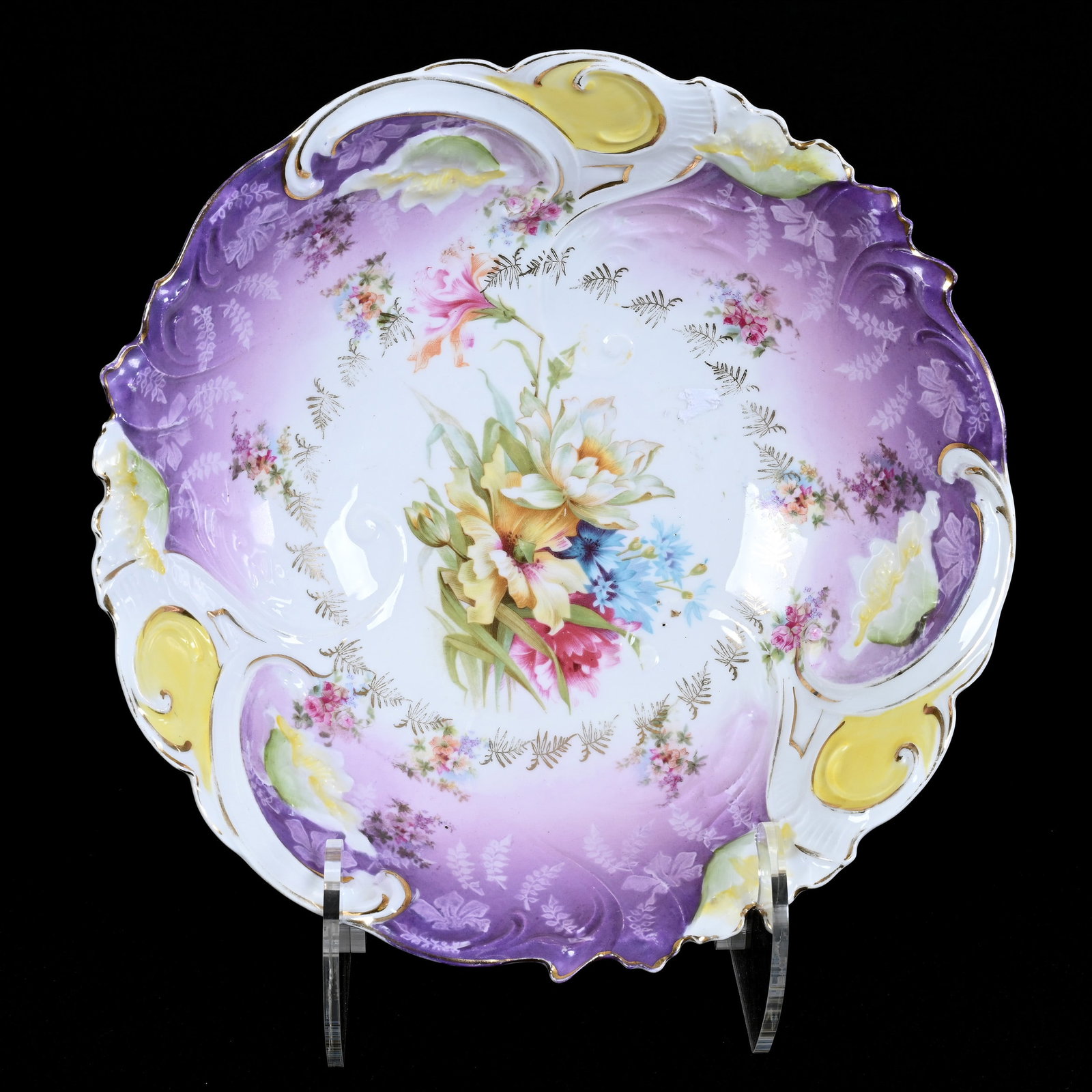 Bowl, Unmarked R.S. Prussia, Poppy Variation Mold, Lavender And White, Wild Floral Decor: Bowl, Unmarked R.S. Prussia, Poppy Variation Mold, Lavender And White, Wild Floral Decor, 10.25", Michigan Private Collection.