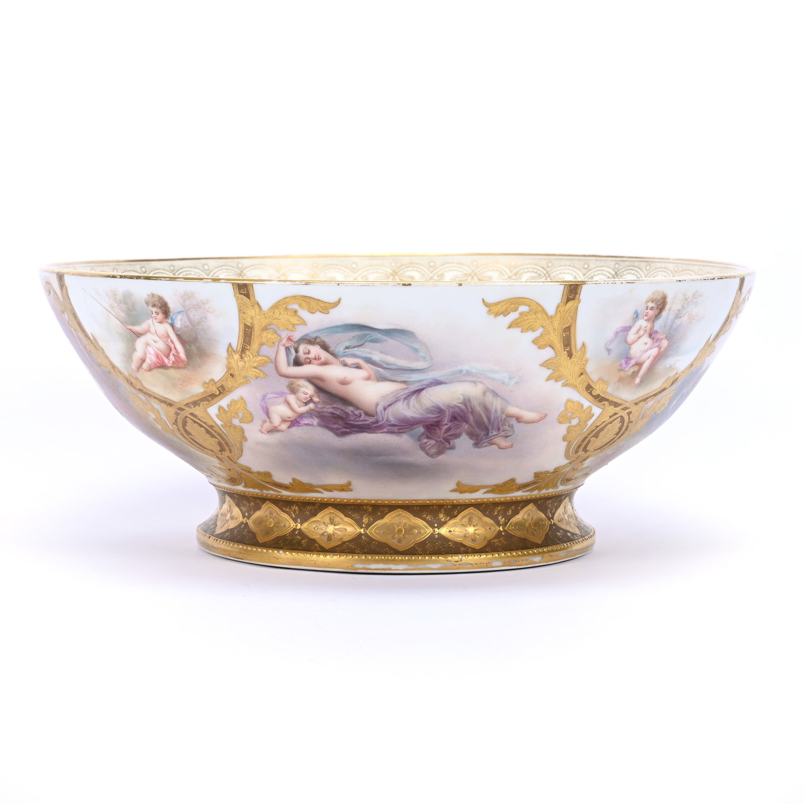 Punch Bowl Marked C.F.H. Limoges, Incredible Scene Of Women, Cherubs And Ruins: Punch Bowl Marked C.F.H. Limoges, Incredible Scene Of Women, Cherubs And Ruins, 5.25" x 13", Bronze And Gold Enamel Highlights, Gold Stencil Interior, Some Gold Stencil Wear Inside And On Rim, Michiga