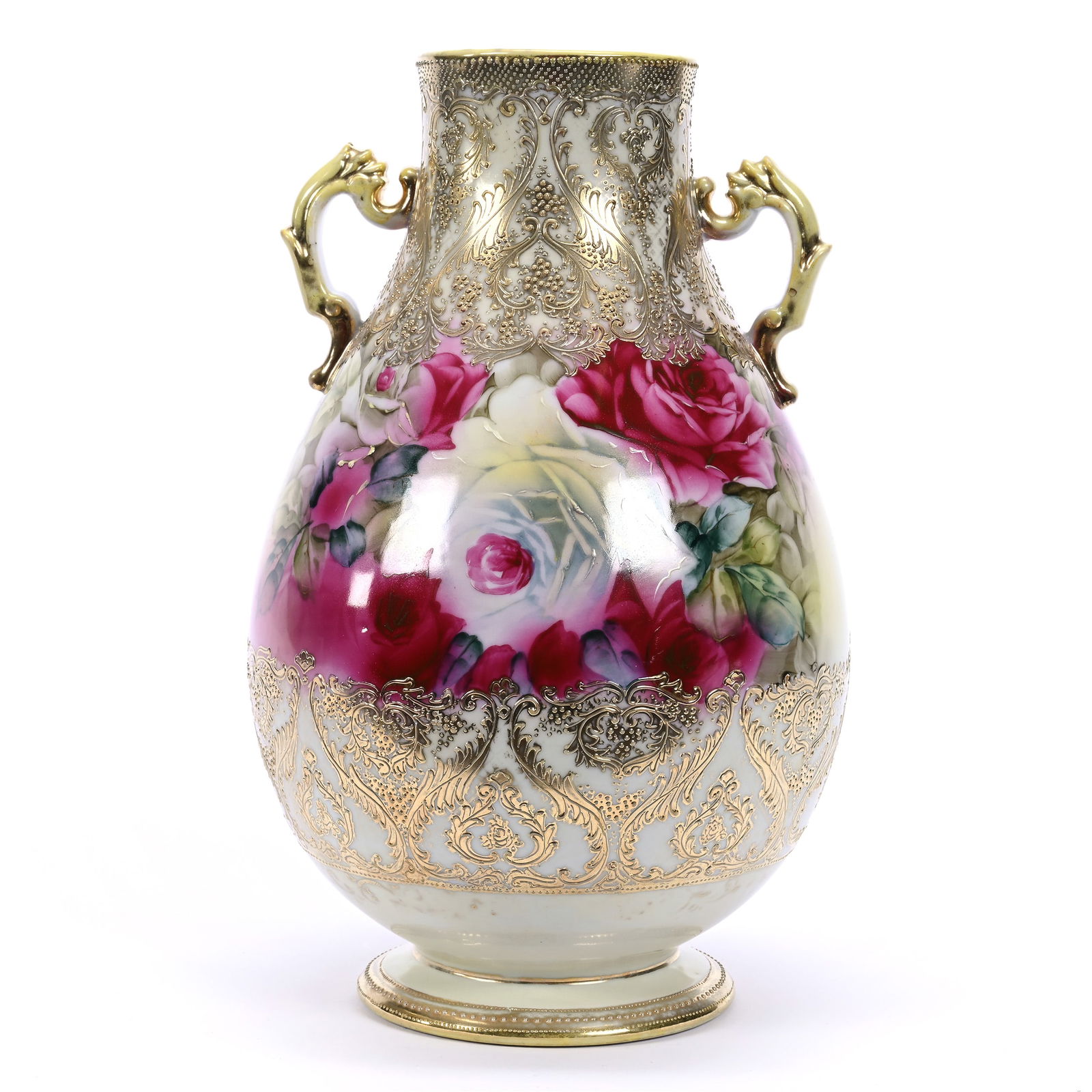 Vase, Two Handles, Marked Nippon, Yellow Tones, Pink And White Rose Decor, Gold Enamel Tapestry: Vase, Two Handles, Marked Nippon, Yellow Tones, Pink And White Rose Decor, Gold Enamel Tapestry, 12.75" x 7.5", Michigan Private Collection.