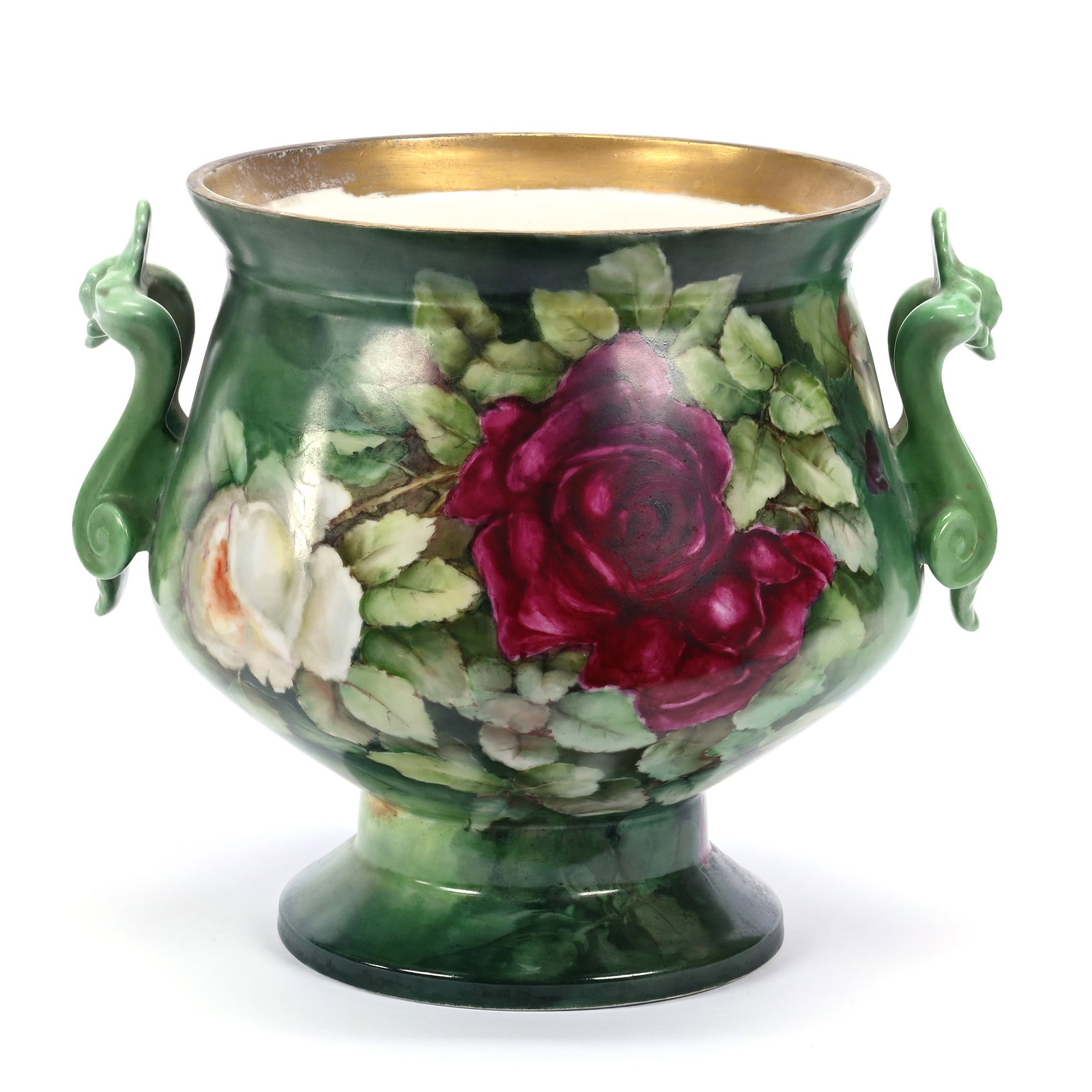 Pedestal Jardiniere, Two Handles, Unmarked Limoges, Green Tones, Red And White Rose Decor: Pedestal Jardiniere, Two Handles, Unmarked Limoges, Green Tones, Red And White Rose Decor, 10.25" x 12" x 9.5", Michigan Private Collection.