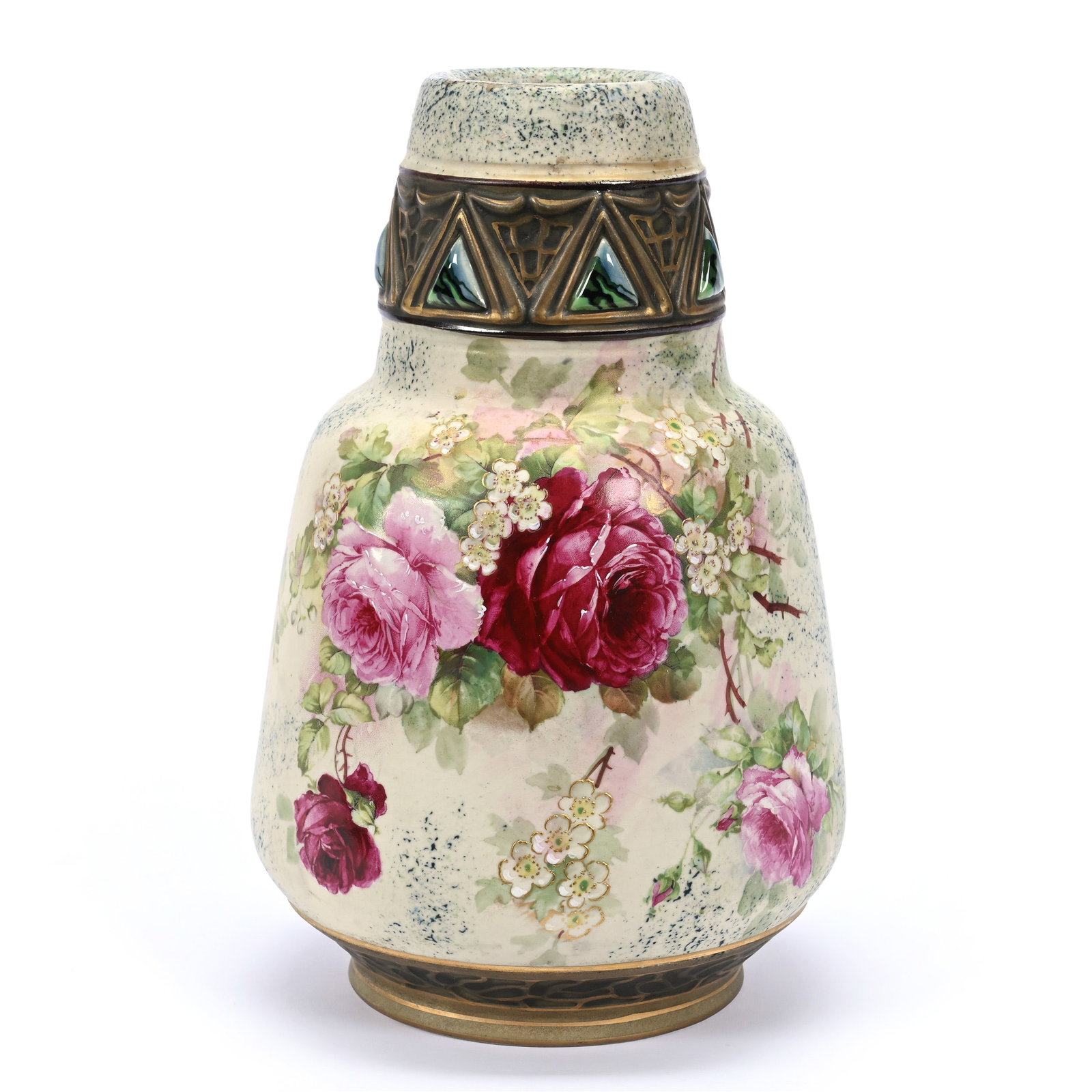 Vase, Amphora Marked Ernst Wallace Vienna Austria, Cream And Blue Ground, Pink Rose Decor: Vase, Amphora Marked Ernst Wallace Vienna Austria, Cream And Blue Ground, Pink Rose Decor, 11.5" x 7", Michigan Private Collection.