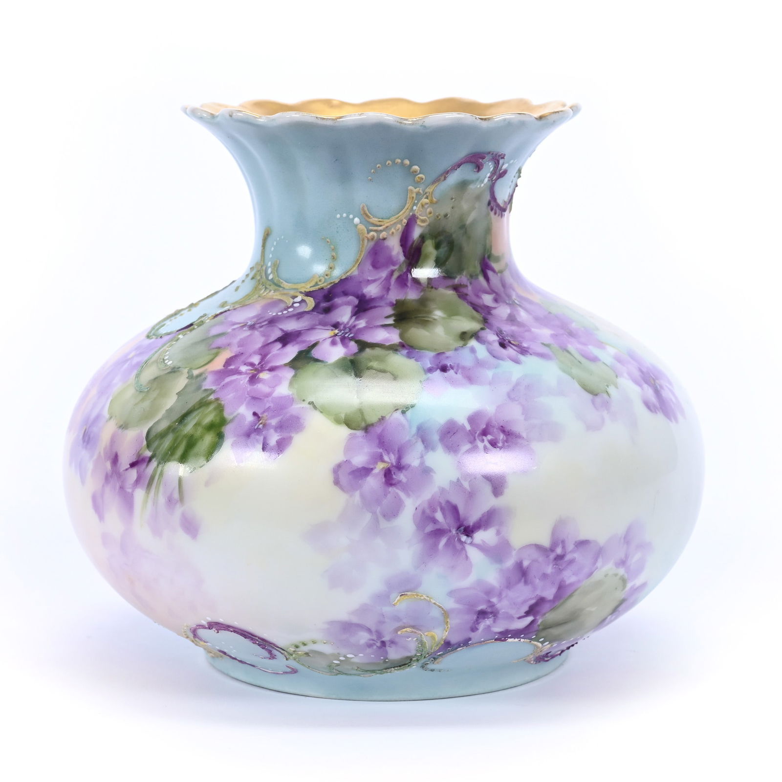 Vase Marked J. P. Limoges, Blue And White, Violet Floral Decor, Artist Signed J. K. Flynn: Vase Marked J. P. Limoges, Blue And White, Violet Floral Decor, Artist Signed J. K. Flynn, 5.25" x 6", Michigan Private Collection.