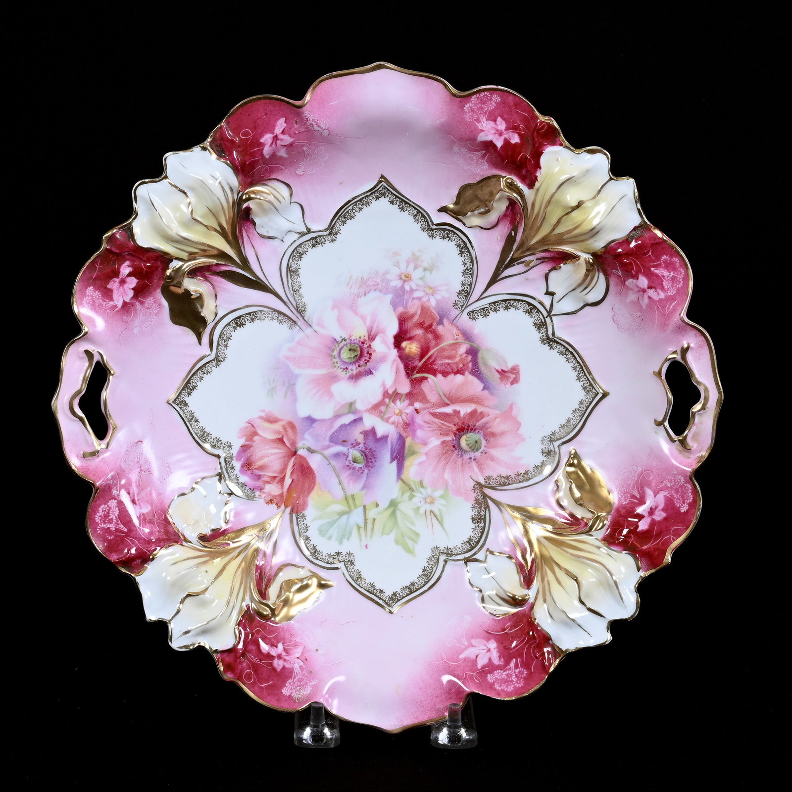 Cake Plate Marked R.S. Prussia, Iris Mold, Pink And White, Poppy Decor, Gold Trim Highlights: Cake Plate Marked R.S. Prussia, Iris Mold, Pink And White, Poppy Decor, Gold Trim Highlights, 11", Michigan Private Collection.