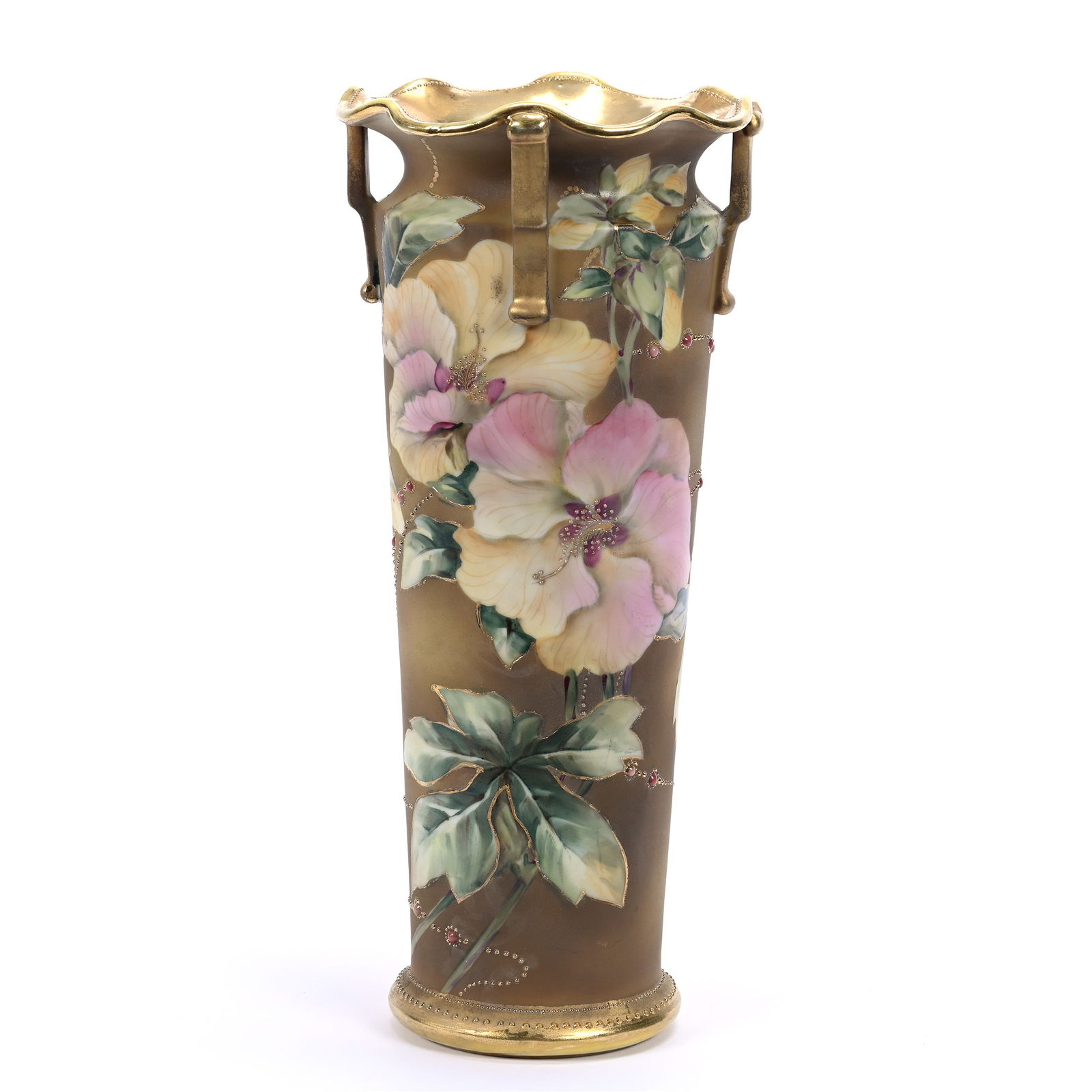 Vase Marked Nippon, Brown And Yellow Tones, Floral Decor, Enamel And Gold Tapestry Highlights: Vase Marked Nippon, Brown And Yellow Tones, Floral Decor, Enamel And Gold Tapestry Highlights, 12.25" x 5.5", Michigan Private Collection.