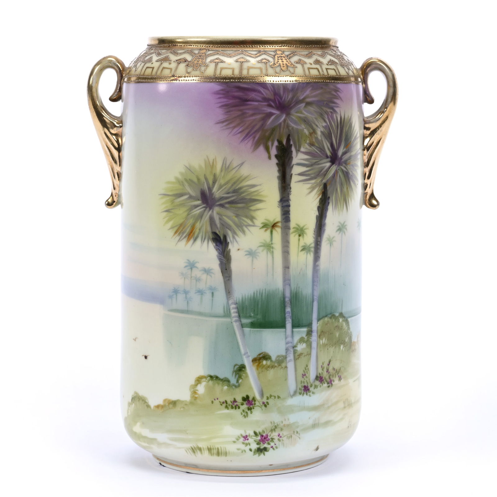 Vase, Two Handles, Marked Nippon, Lake And Palm Trees Scenic Decor: Vase, Two Handles, Marked Nippon, Lake And Palm Trees Scenic Decor, 8.5" x 6", Michigan Private Collection.