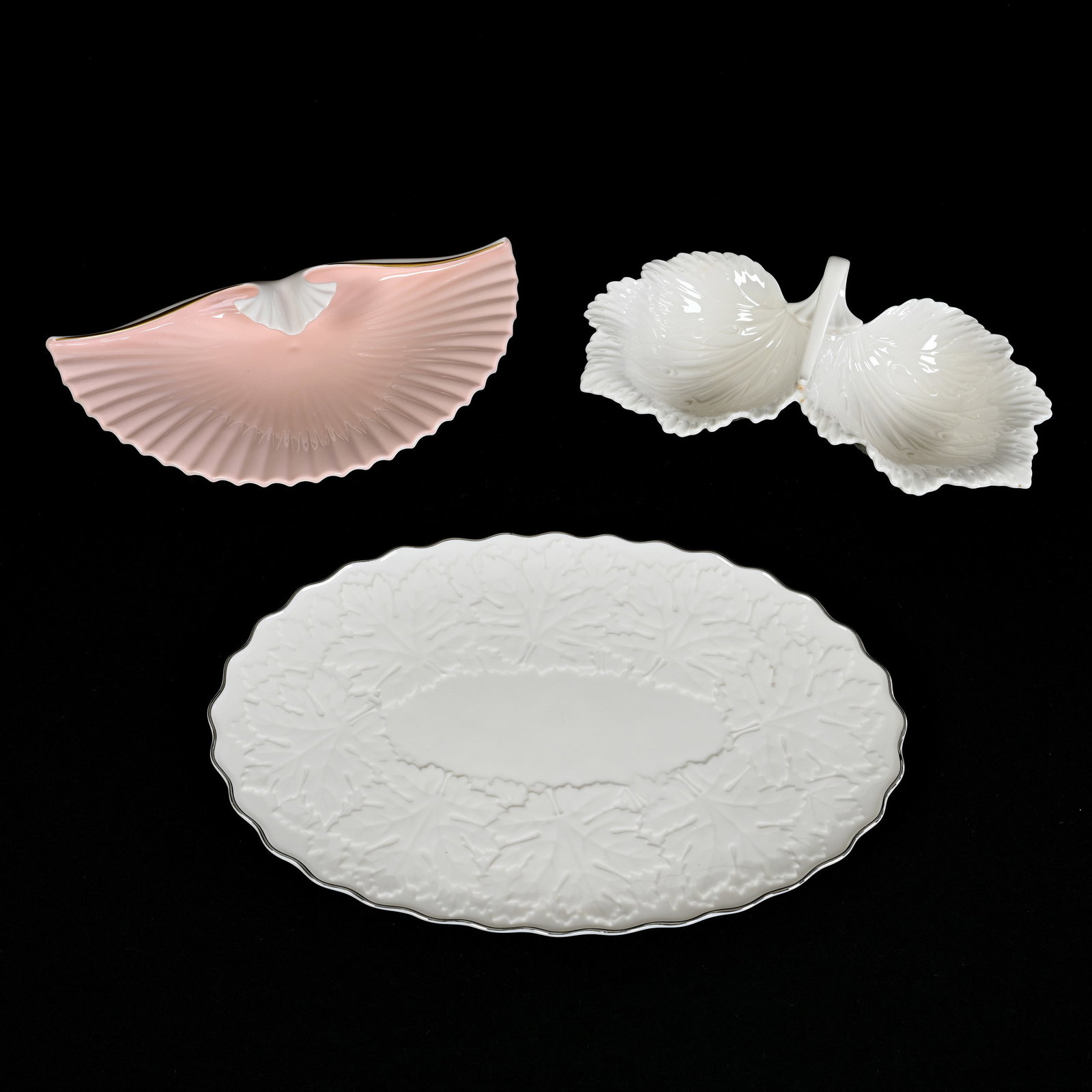 (3) Lenox Items, All With Gold Mark: (3) Lenox Items, All With Gold Mark, (1) 13.5" x 9" Oval Leaf Mold Tray, (1) 10.25" Divided Handled Leaf Mold Dish, (1) 10.5" Pink Shell Shaped Dish, Michigan Private Collection.
