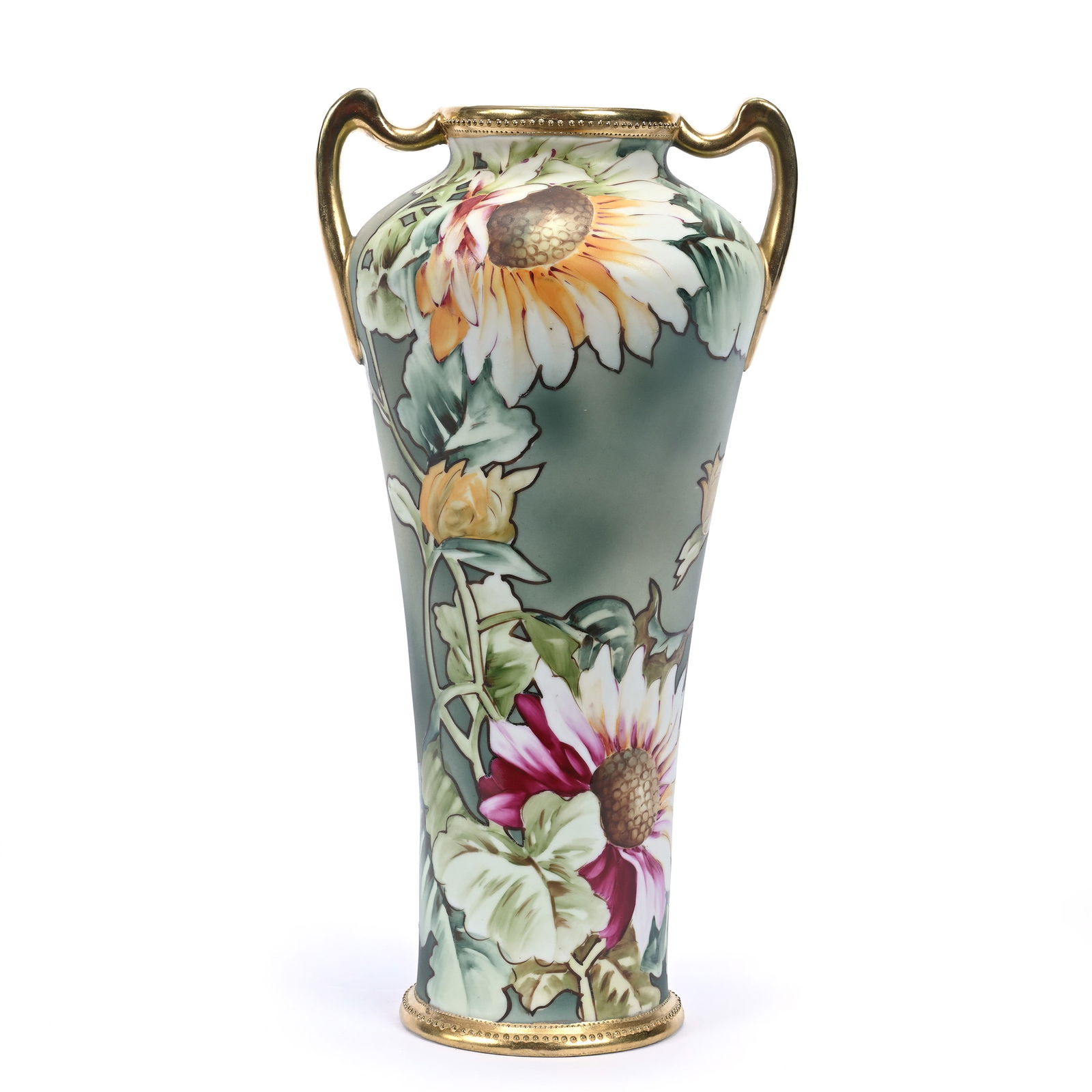 Vase, Two Handles, Marked Nippon, Green And White Tones, Sunflower Decor, Nice Gold Trim: Vase, Two Handles, Marked Nippon, Green And White Tones, Sunflower Decor, Nice Gold Trim, 12" x 6", Michigan Private Collection.
