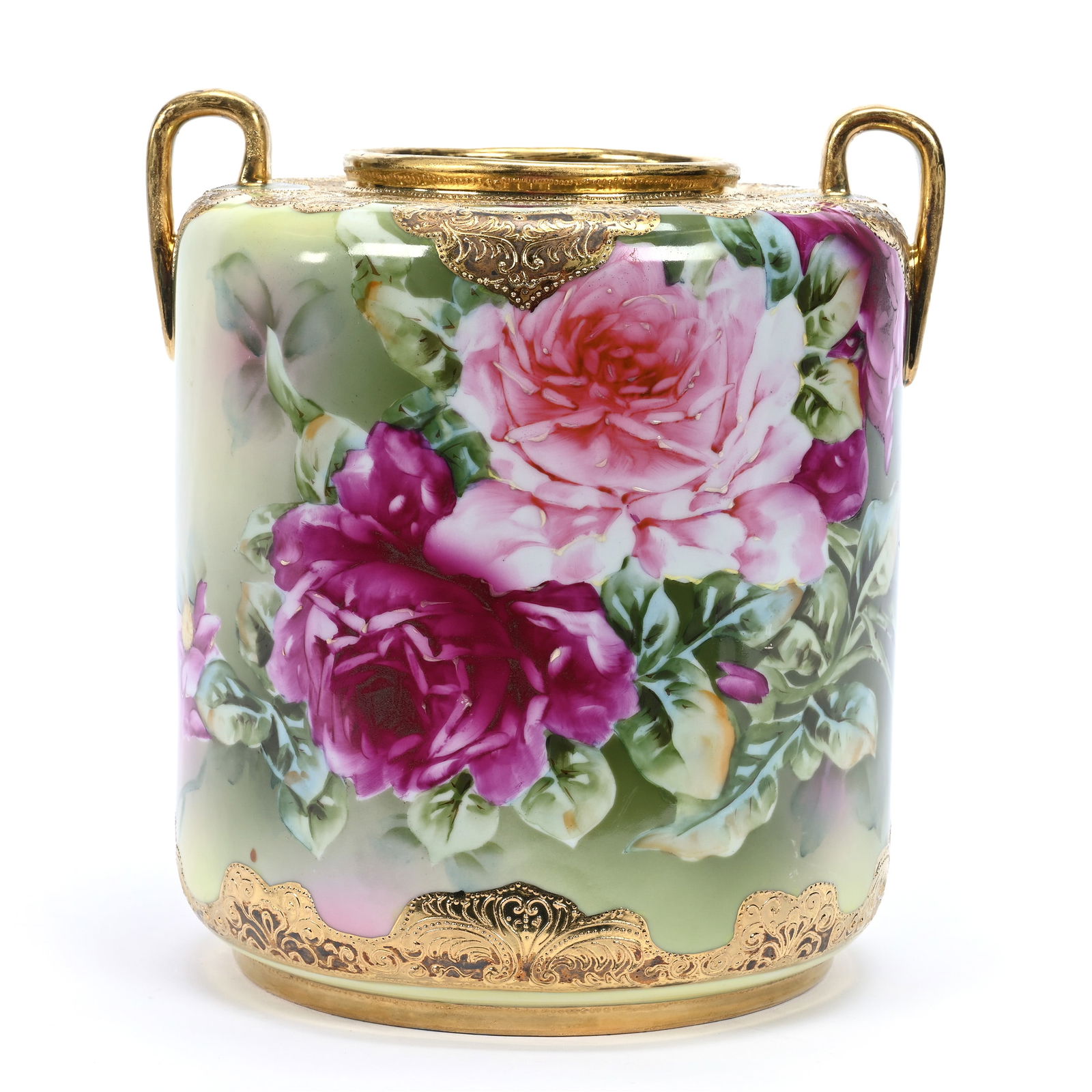 Vase, Two Handles, Marked Nippon, Green Tones, Pink Rose Decor, Heavy Gold Trim Highlights: Vase, Two Handles, Marked Nippon, Green Tones, Pink Rose Decor, Heavy Gold Trim Highlights, 9.5" x 8.5", Michigan Private Collection.