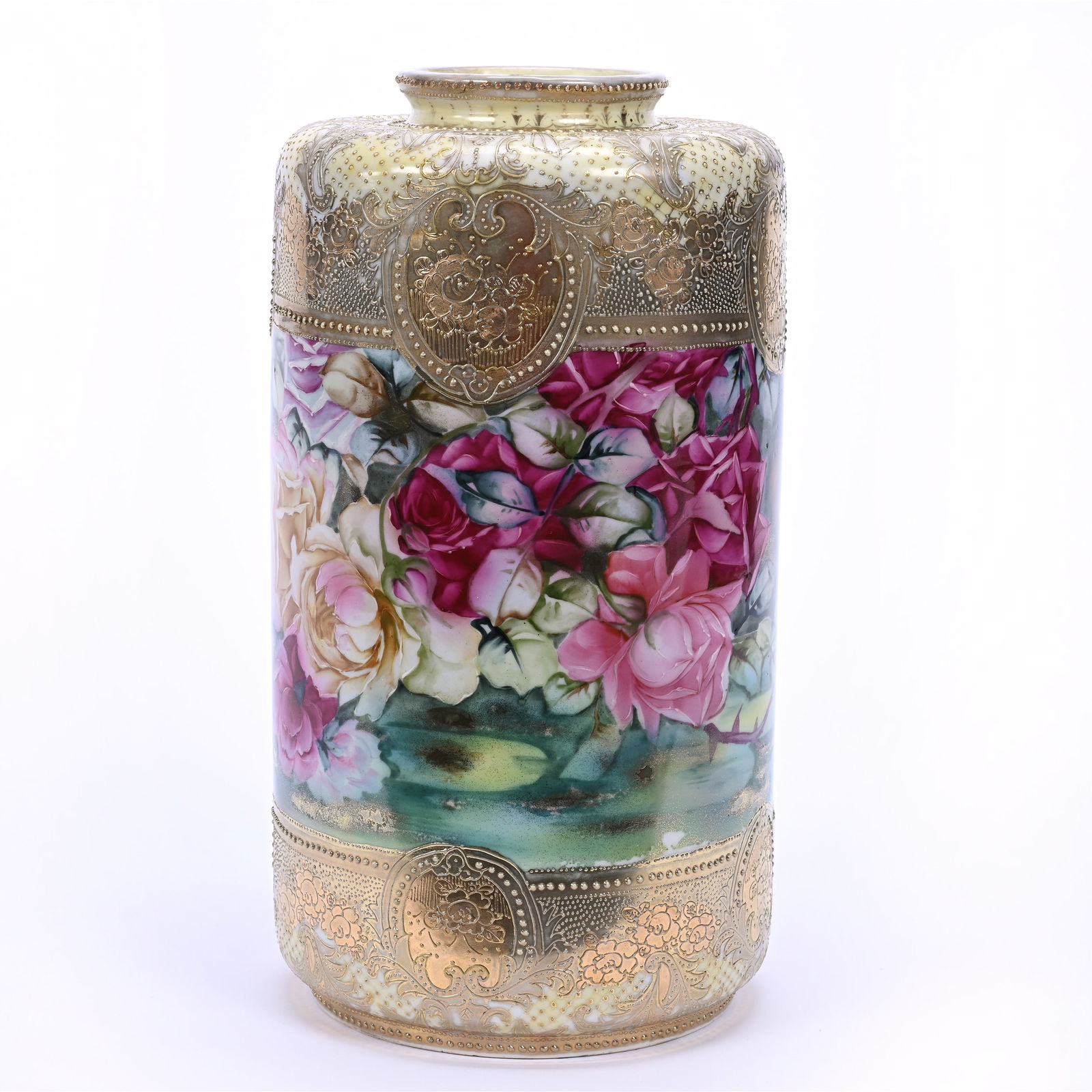 Vase Marked Nippon, Rose Decor, Heavy Gold Tapestry Border Highlights: Vase Marked Nippon, Rose Decor, Heavy Gold Tapestry Border Highlights, 14.75" x 8", Michigan Private Collection.