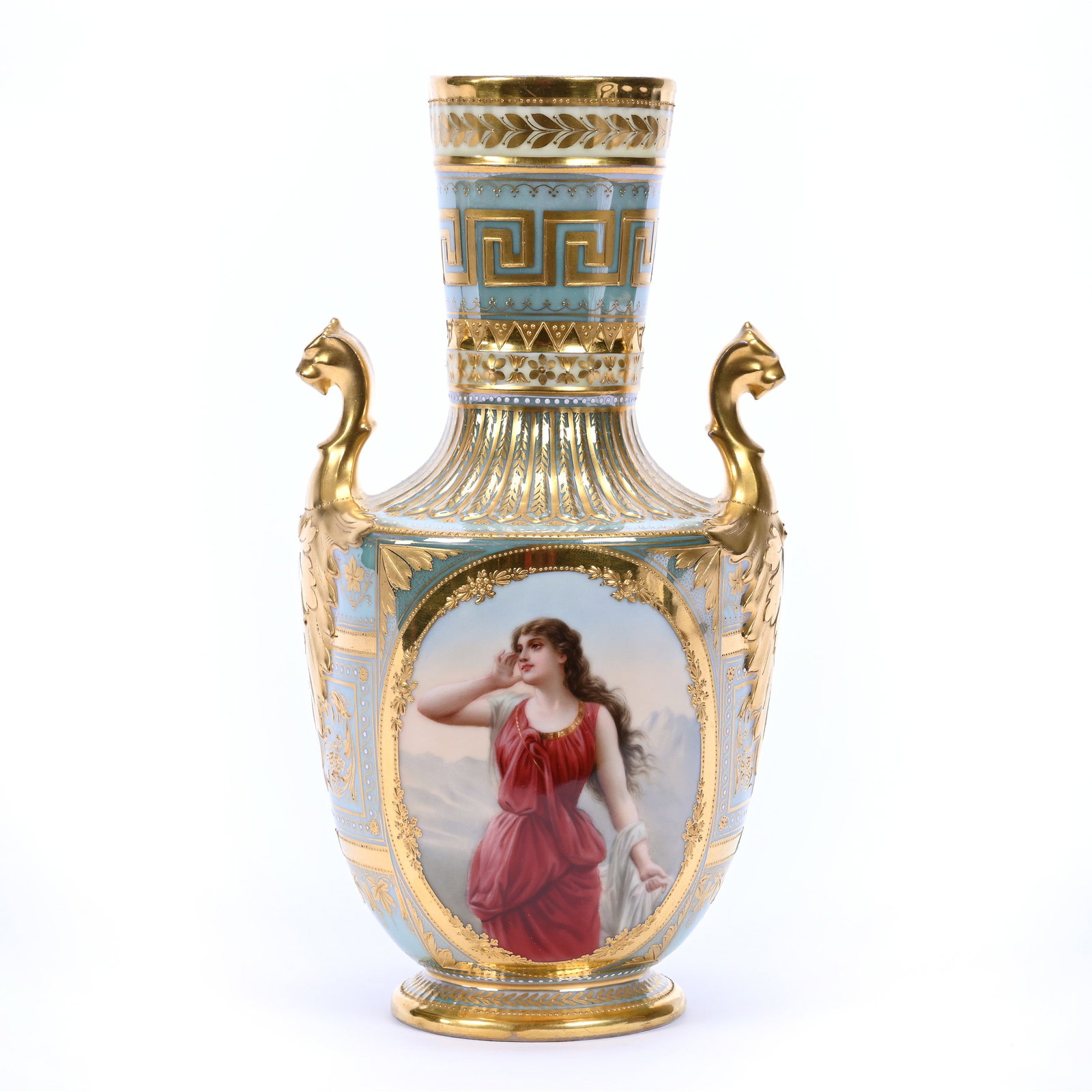 Vase, Two Handles, Unmarked Royal Vienna Beehive, Turquoise Ground, Beautiful Medallion Scene: Vase, Two Handles, Unmarked Royal Vienna Beehive, Turquoise Ground, Beautiful Medallion Scene, 9.75" x 5", Scene Of Young Woman In Mountains, Exceptional Gold, Hole Has Been Drilled In Base And Filled