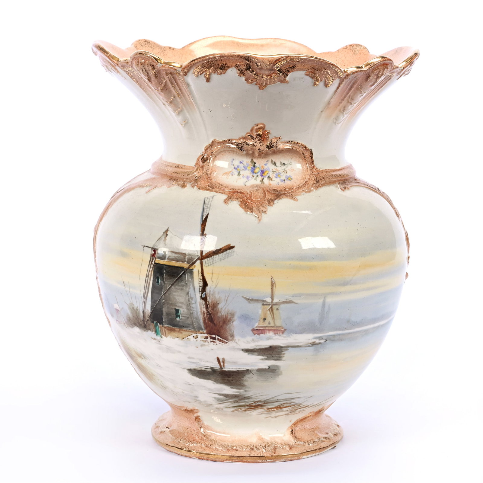 Vase Marked Franz Anton Mehlen, Also Marked Bonn, Cream And Pink Tones, Farm Winter Scene: Vase Marked Franz Anton Mehlen, Also Marked Bonn, Cream And Pink Tones, Farm Winter Scene, 11.25" x 9.25", And Dutch Harbor Decor, Estate Of Marvin And Elfriede MIller, North Dakota.