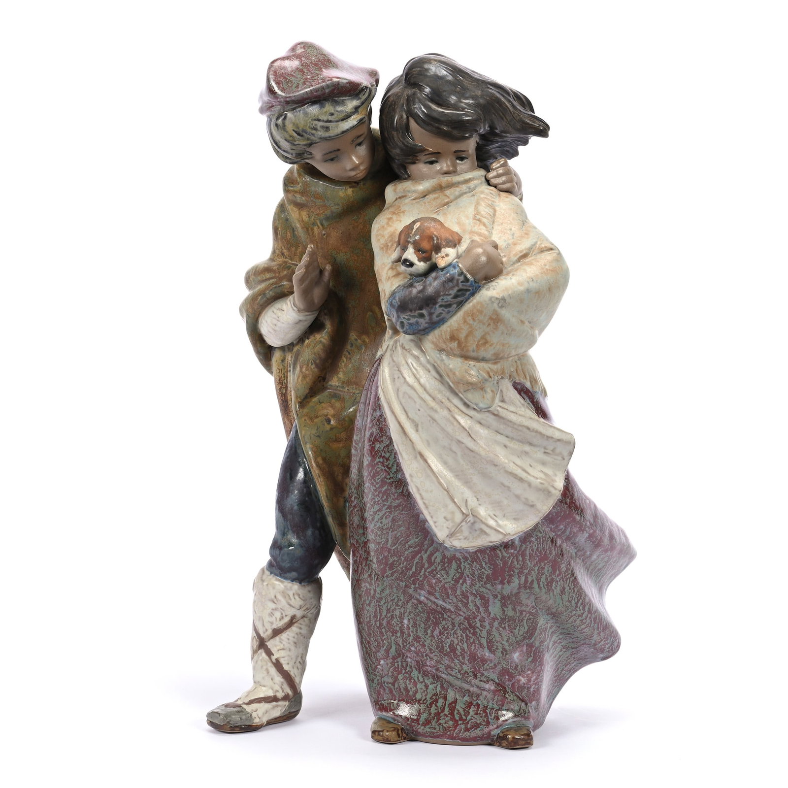 Figural Group Marked Lladro #1279, Titled "Facing The Wind", Young Boy And Girl With Puppy: Figural Group Marked Lladro #1279, Titled "Facing The Wind", Young Boy And Girl With Puppy, 13.75" x 8", Circa 1974, Estate Of Marvin And Elfriede MIller, North Dakota.