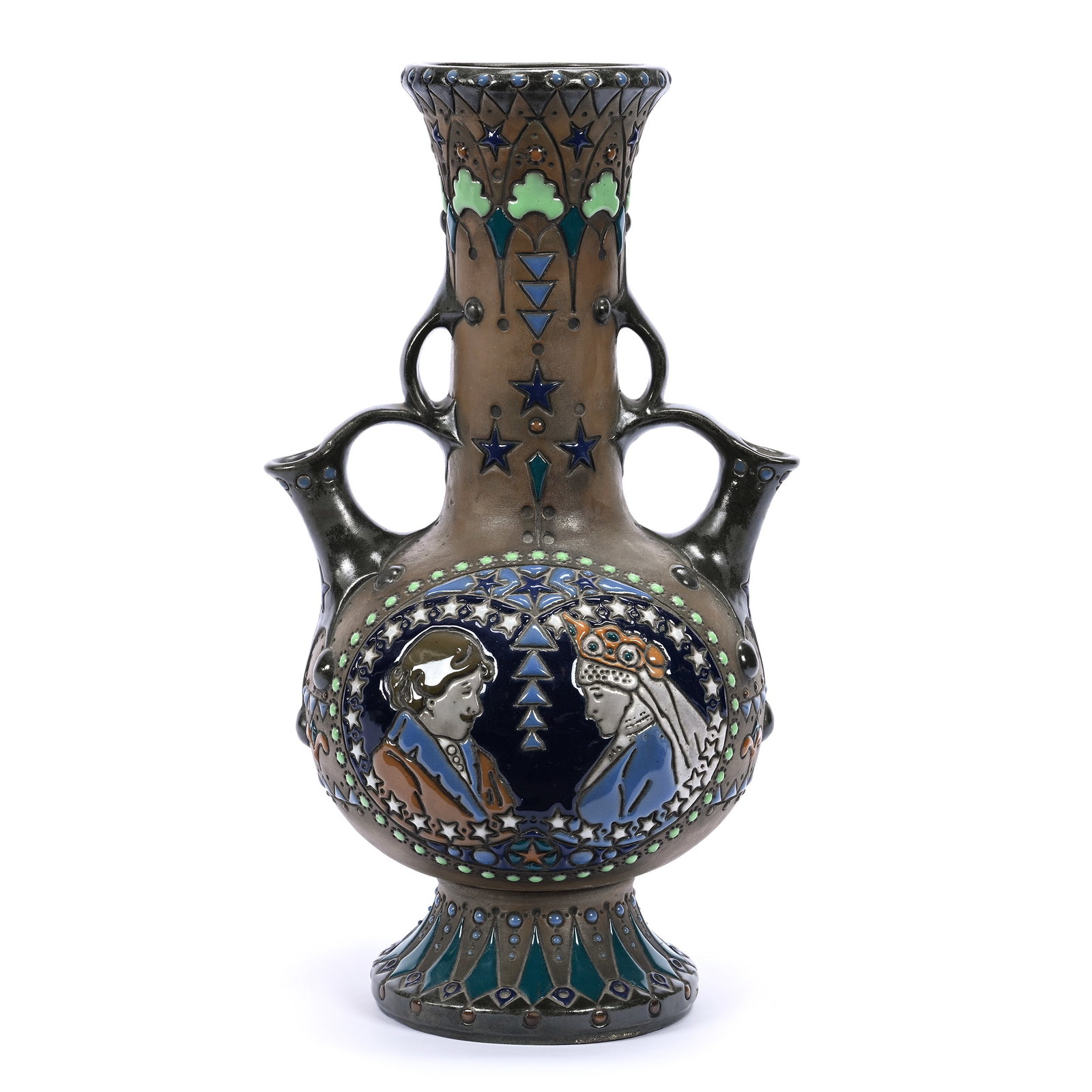 Pedestal Vase, Two Handles, Marked Amphora Austria, Brown With Colorful Enamel Village Scene: Pedestal Vase, Two Handles, Marked Amphora Austria, Brown With Colorful Enamel Village Scene, 16.25" x 9" x 8", Also Marriage Portrait, Estate Of Marvin And Elfriede MIller, North Dakota.