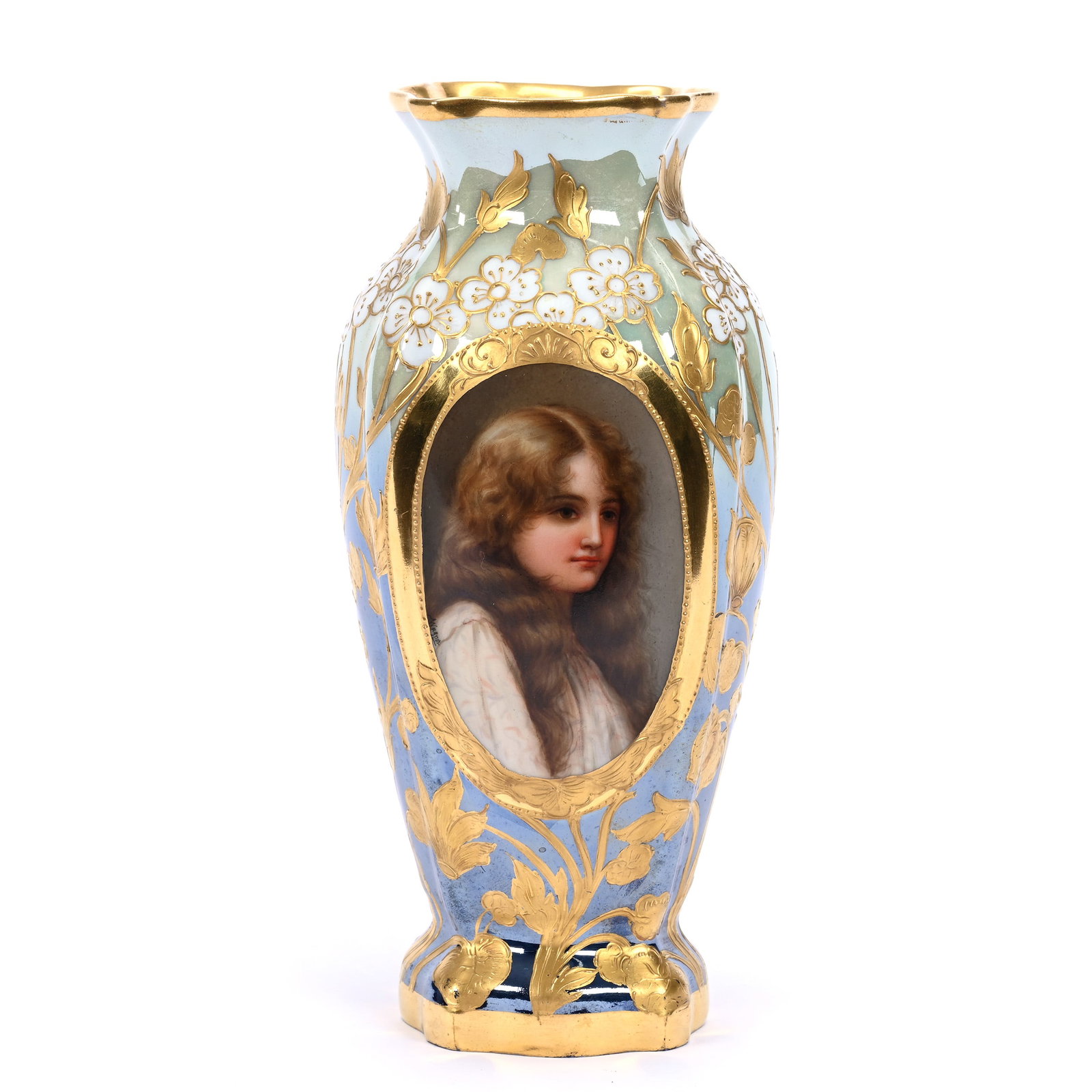 Vase Marked Royal Vienna Beehive, Iridescent Green Shading To Blue, Medallion Portrait Of Young Girl: Vase Marked Royal Vienna Beehive, Iridescent Green Shading To Blue, Medallion Portrait Of Young Girl, 8.25" x 3.75", Artist Signed Wagner, Heavy Gold Floral Highlights, Titled "Herbst", Estate Of Marv
