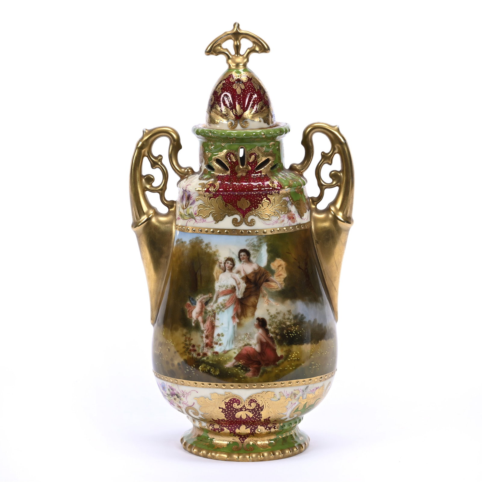 Covered Urn, Two Handles, Marked Beehive Austria, Cream, Burgundy And Green Tones: Covered Urn, Two Handles, Marked Beehive Austria, Cream, Burgundy And Green Tones, 11" x 5.75", Colorful Floral Highlights, Heavy Gold Trim, Mythical Scenes, Estate Of Marvin And Elfriede MIller, Nort