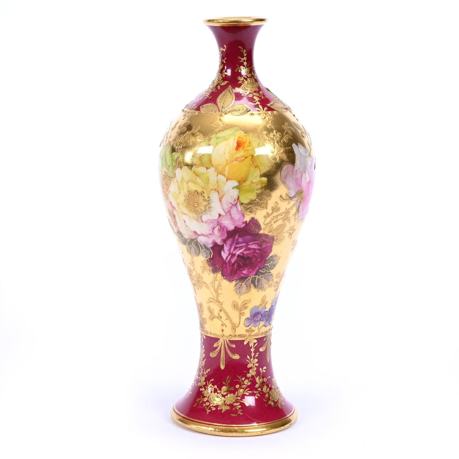 Vase Marked Royal Bonn, Gold Background, Red Border, Colorful Floral Decor: Vase Marked Royal Bonn, Gold Background, Red Border, Colorful Floral Decor, 9.5" x 3.75", Estate Of Marvin And Elfriede MIller, North Dakota.
