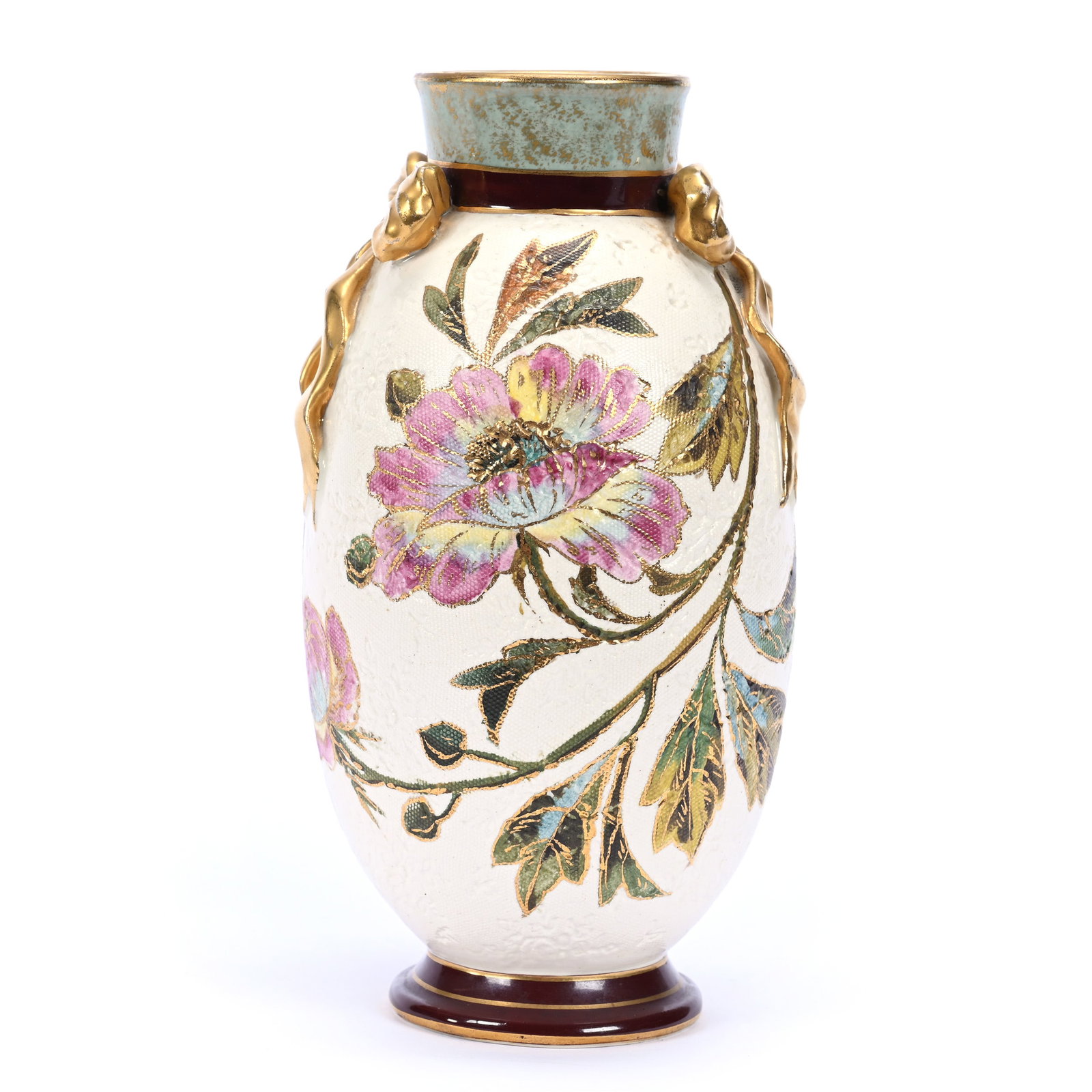 Vase Marked Royal Bonn, White Tapestry Ground, Colorful Floral Branch Decor: Vase Marked Royal Bonn, White Tapestry Ground, Colorful Floral Branch Decor, 7.75" x 4", Gold Molded Bowtie, Estate Of Marvin And Elfriede MIller, North Dakota.