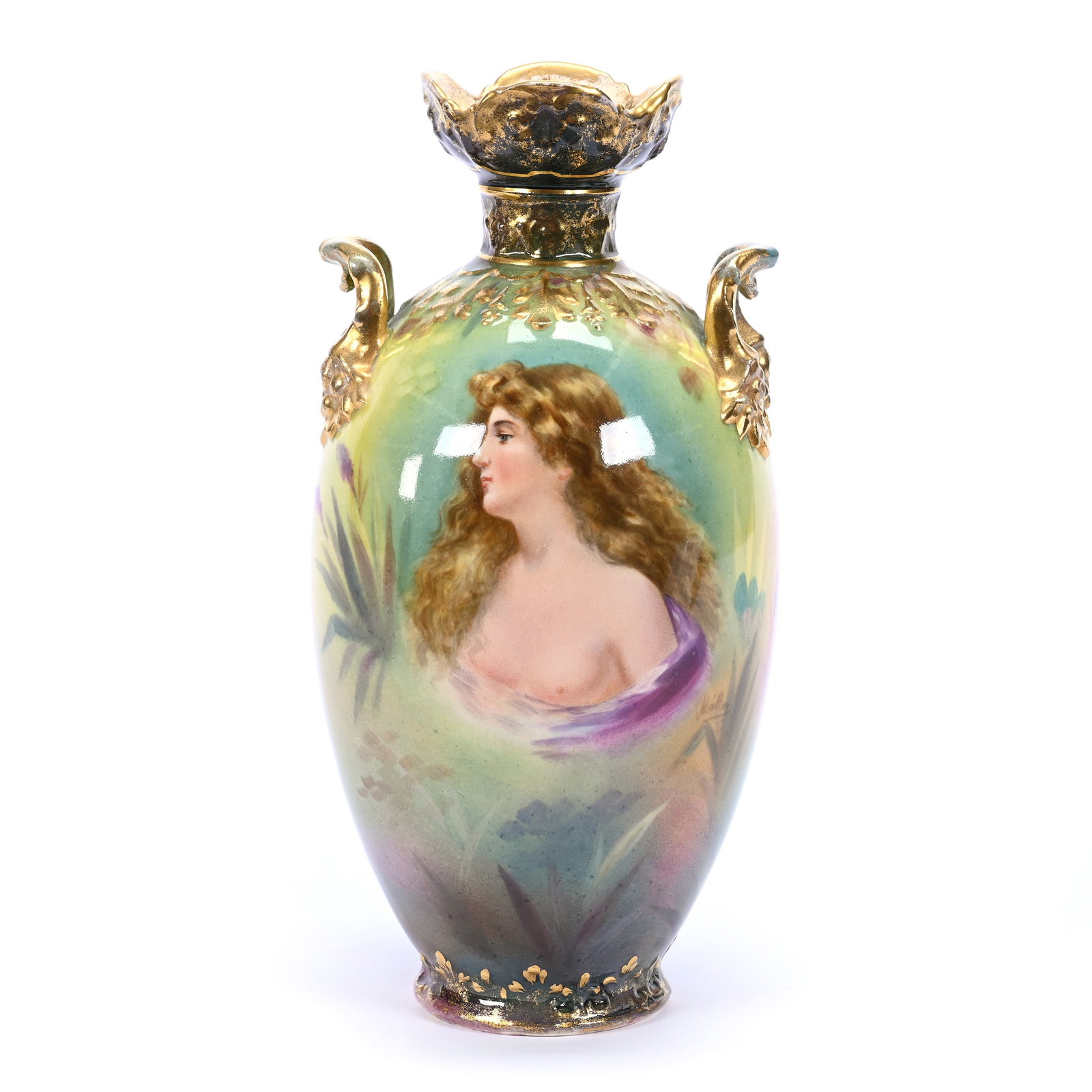 Vase, Two Handles, Marked Royal Bonn, Green And Yellow Tones, Portrait Of Young Woman: Vase, Two Handles, Marked Royal Bonn, Green And Yellow Tones, Portrait Of Young Woman, 8.25" x 4", Estate Of Marvin And Elfriede MIller, North Dakota.