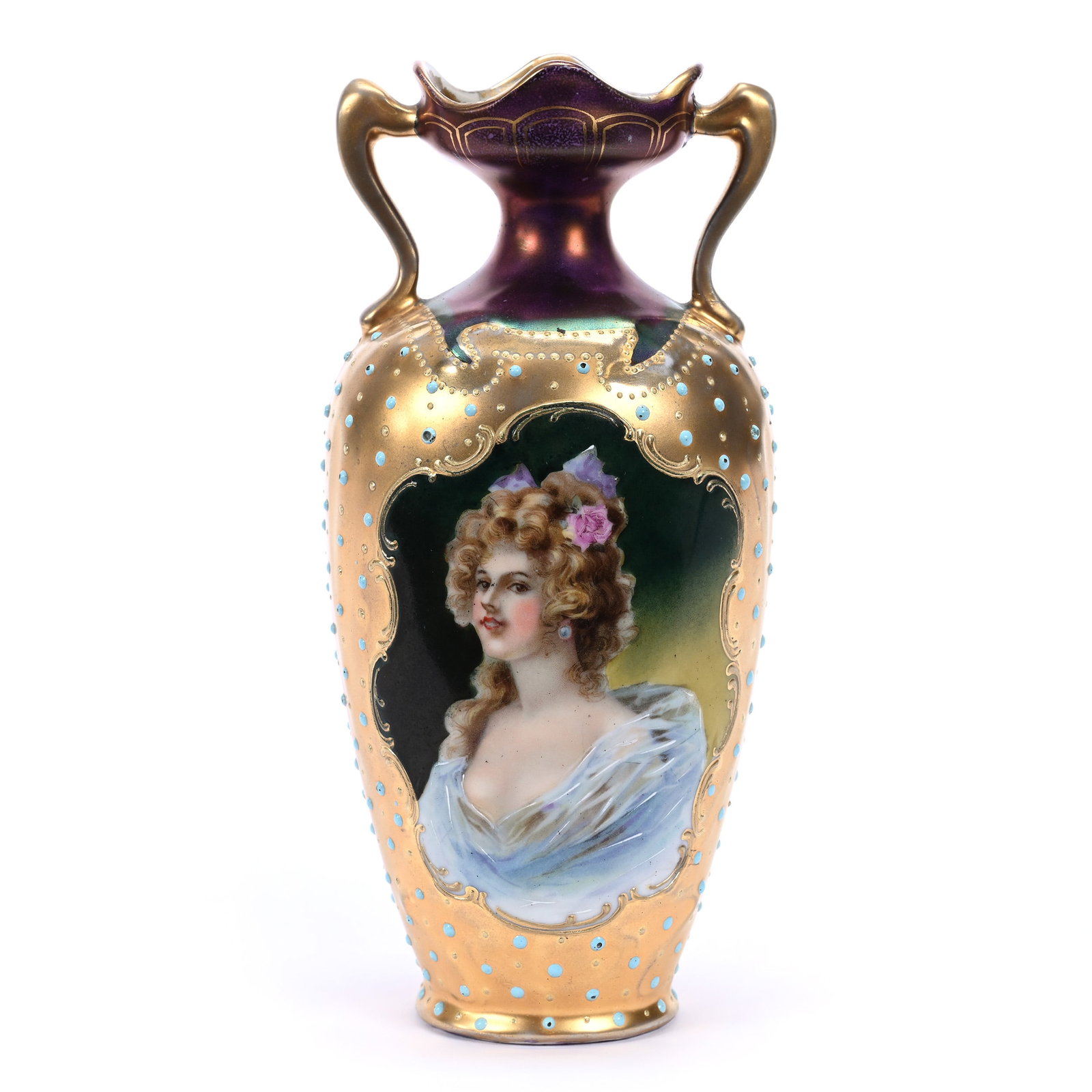 Vase, Two Handles, Marked Prov Saxe, Gold And Iridescent Tiffany Ground, Portrait Of Young Woman: Vase, Two Handles, Marked Prov Saxe, Gold And Iridescent Tiffany Ground, Portrait Of Young Woman, 7.25" x 3.25", Turquoise Enamel Tapestry Highlights, Serious Rim Repair, Estate Of Marvin And Elfriede