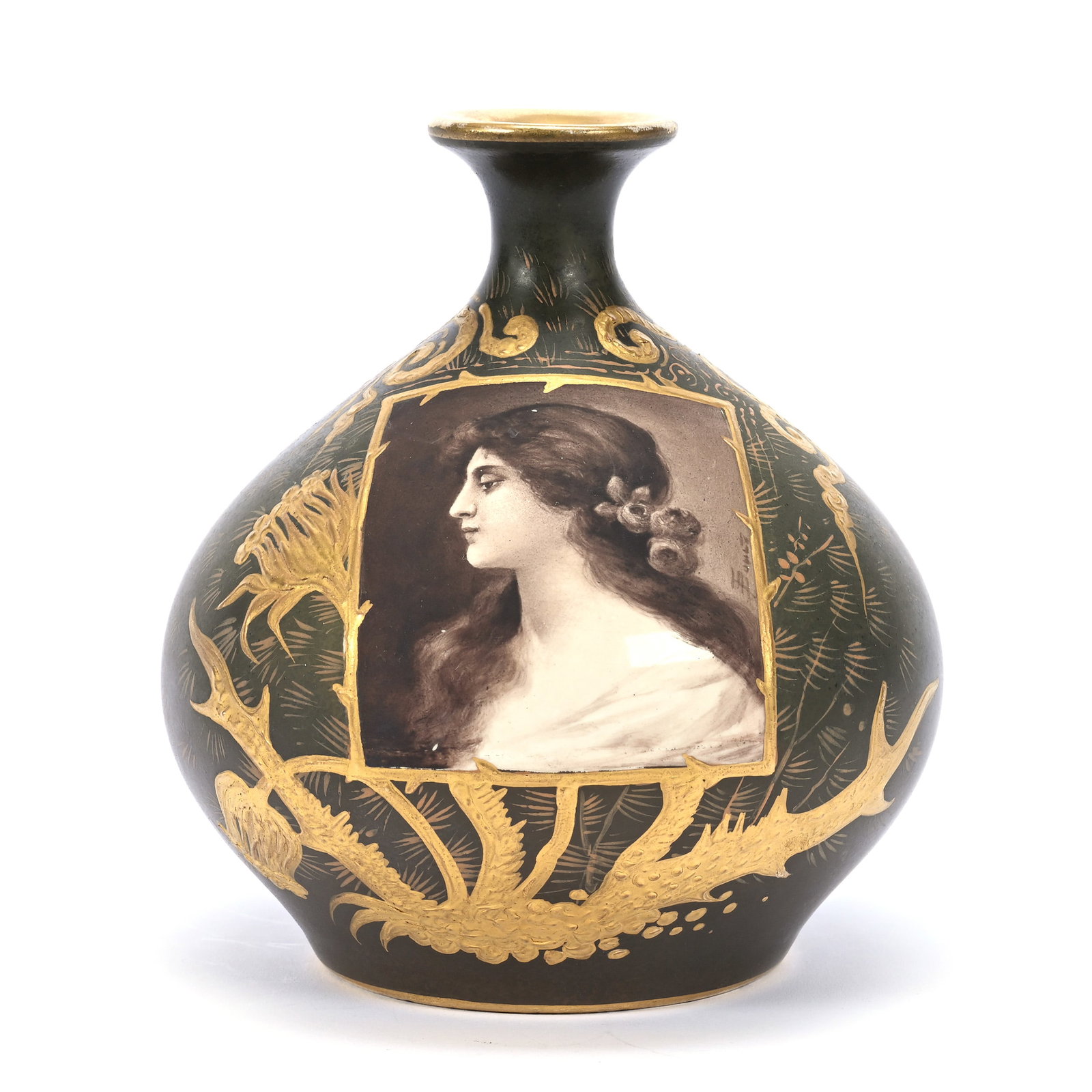 Vase Marked Royal Bonn, Dark Green Ground, Monochromatic Portrait Of Young Woman: Vase Marked Royal Bonn, Dark Green Ground, Monochromatic Portrait Of Young Woman, 5.5" x 5", Gold Enamel Thistle Highlights, Estate Of Marvin And Elfriede MIller, North Dakota.
