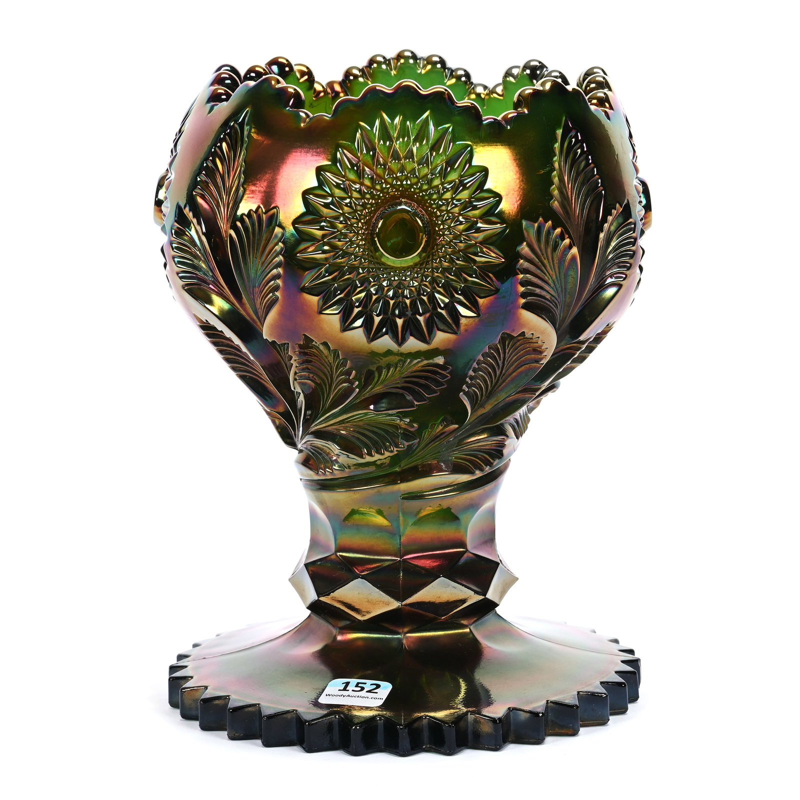 Giant Rosebowl, Carnival Glass, Hobstar And Feather Pattern By Millersburg, Beautiful Green: Giant Rosebowl, Carnival Glass, Hobstar And Feather Pattern By MIllersburg, Beautiful Green, 8.75" x 6.5", One Tooth On Foot Has Hard To See Sliver Chip, Estate Of Marvin And Elfriede MIller, North Da