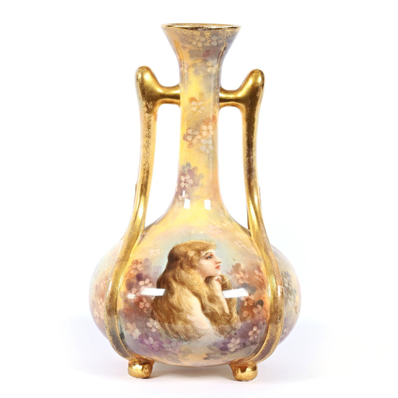 Vase, Two Handles, Marked Royal Bonn, Yellow, Lavender, Green Tones, Portrait Of Young Woman: Vase, Two Handles, Marked Royal Bonn, Yellow, Lavender, Green Tones, Portrait Of Young Woman, 9" x 5.5", Estate Of Marvin And Elfriede MIller, North Dakota.