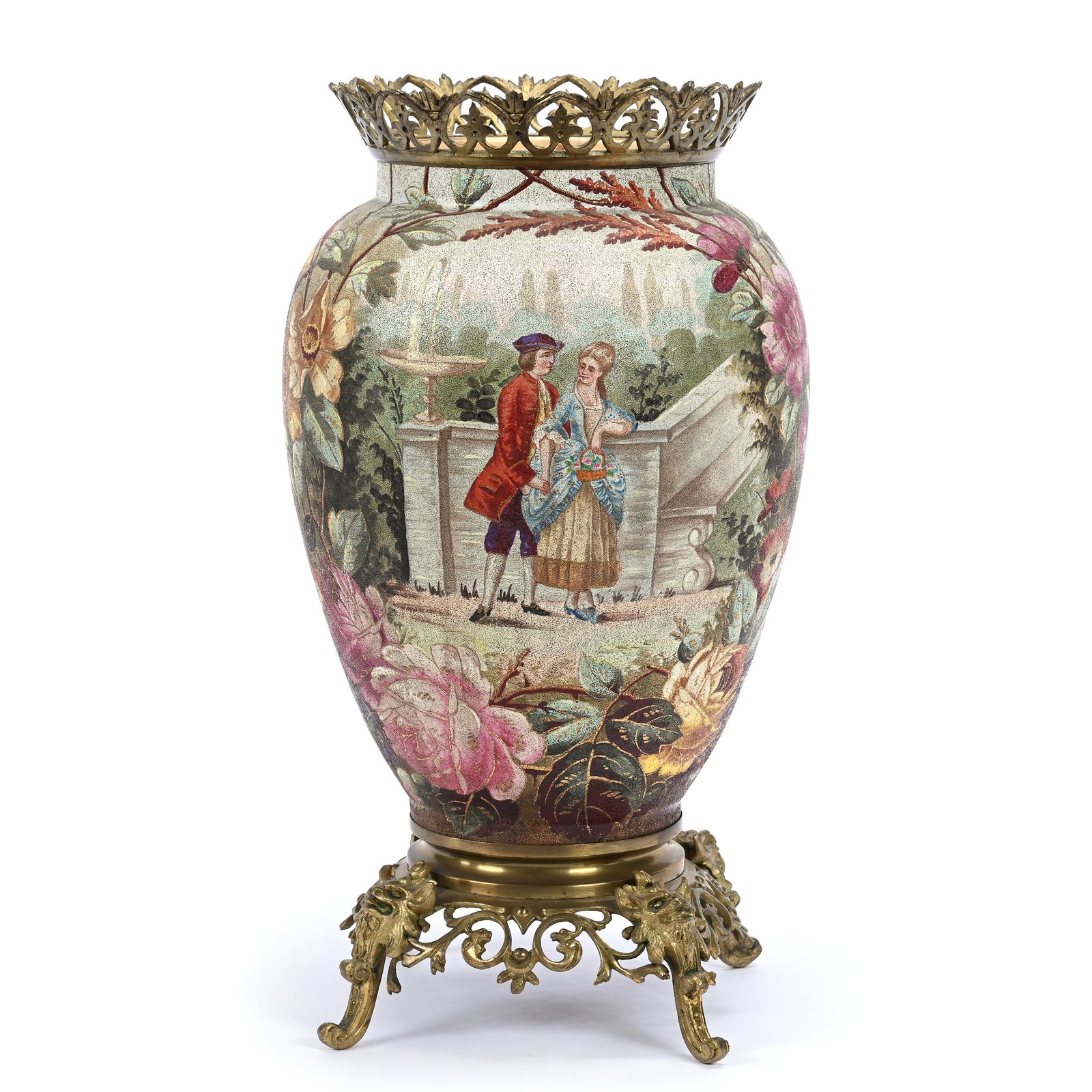 Vase, Unmarked Royal Bonn, Courting Scene Tapestry Finish, Ornate Brass Foot And Rim: Vase, Unmarked Royal Bonn, Courting Scene Tapestry Finish, Ornate Brass Foot And Rim, 16.75" x 8.5", Estate Of Marvin And Elfriede MIller, North Dakota.