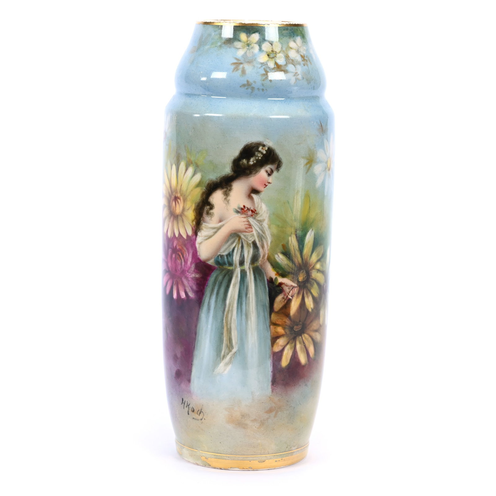 Vase Marked Royal Bonn, Blue, Yellow And Green Tones, Young Woman And Flowers, Some Gold Wear: Vase Marked Royal Bonn, Blue, Yellow And Green Tones, Young Woman And Flowers, Some Gold Wear, 10" x 4", Estate Of Marvin And Elfriede MIller, North Dakota.