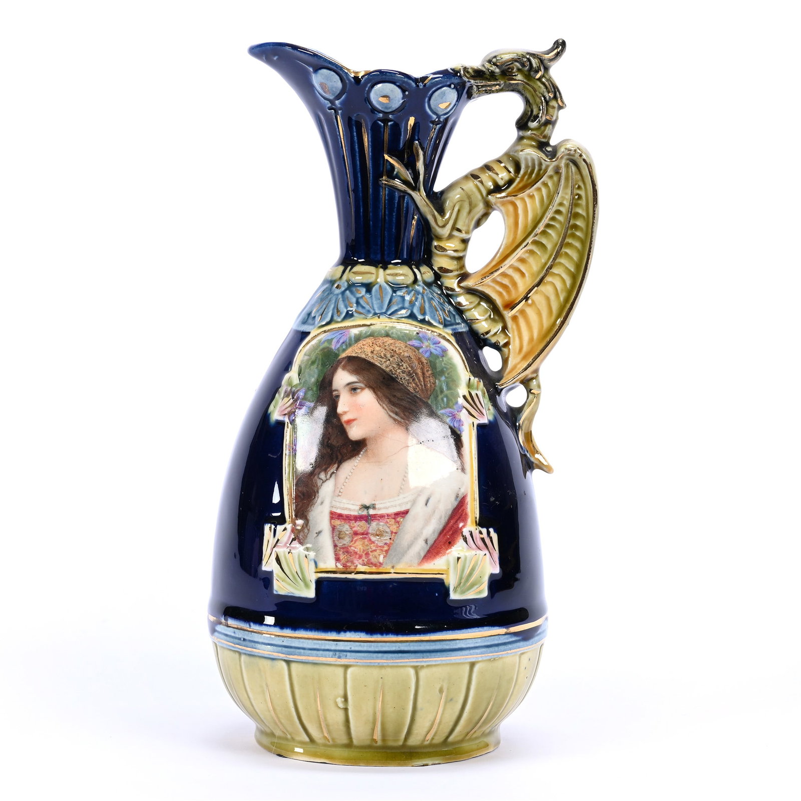 Ewer, Unmarked Austria Majolica Style, Cobalt Blue And Green, Portrait Of Young Woman: Ewer, Unmarked Austria Majolica Style, Cobalt Blue And Green, Portrait Of Young Woman, 8.5" x 4.5", Figural Dragon Handle, Estate Of Marvin And Elfriede MIller, North Dakota.