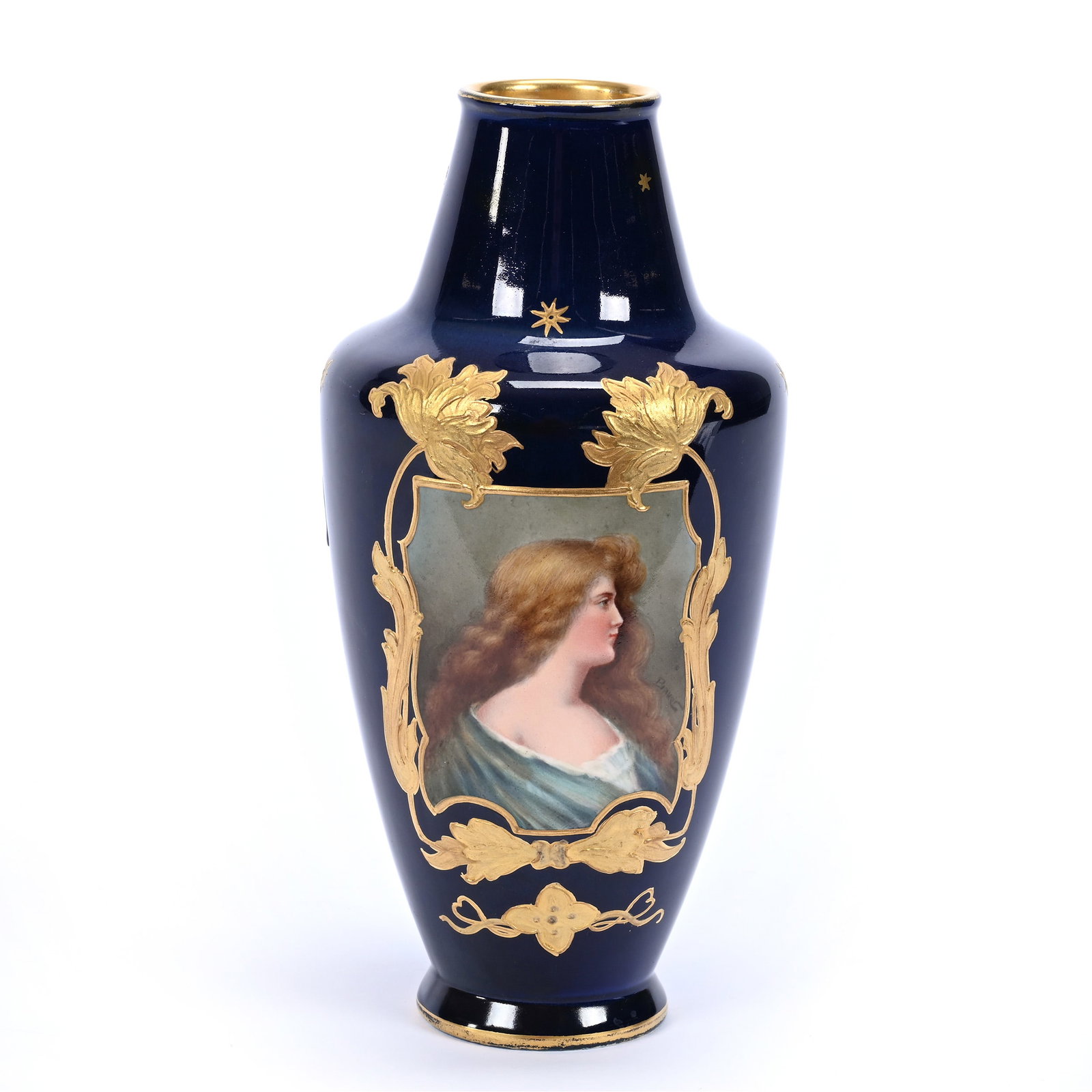 Vase Marked Royal Bonn, Cobalt Blue Ground, Portrait Of Young Woman, Gold Enamel Floral Highlights: Vase Marked Royal Bonn, Cobalt Blue Ground, Portrait Of Young Woman, Gold Enamel Floral Highlights, 8" x 3.75", Estate Of Marvin And Elfriede MIller, North Dakota.