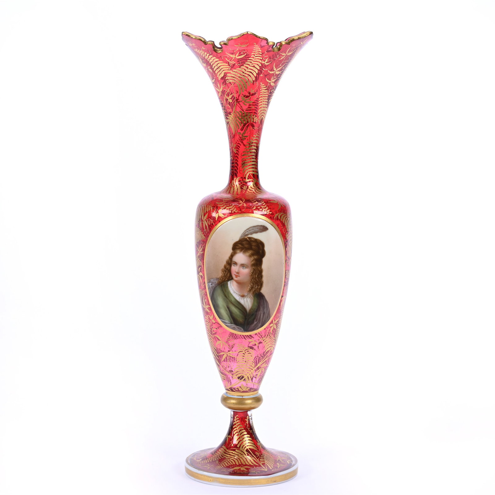 Pedestal Vase, Cased Cranberry Bohemian Art Glass, Medallion Portrait Of Young Woman: Pedestal Vase, Cased Cranberry Bohemian Art Glass, Medallion Portrait Of Young Woman, 12.5" x 4", Heavy Gold Stencil Highlights, Estate Of Marvin And Elfriede MIller, North Dakota.