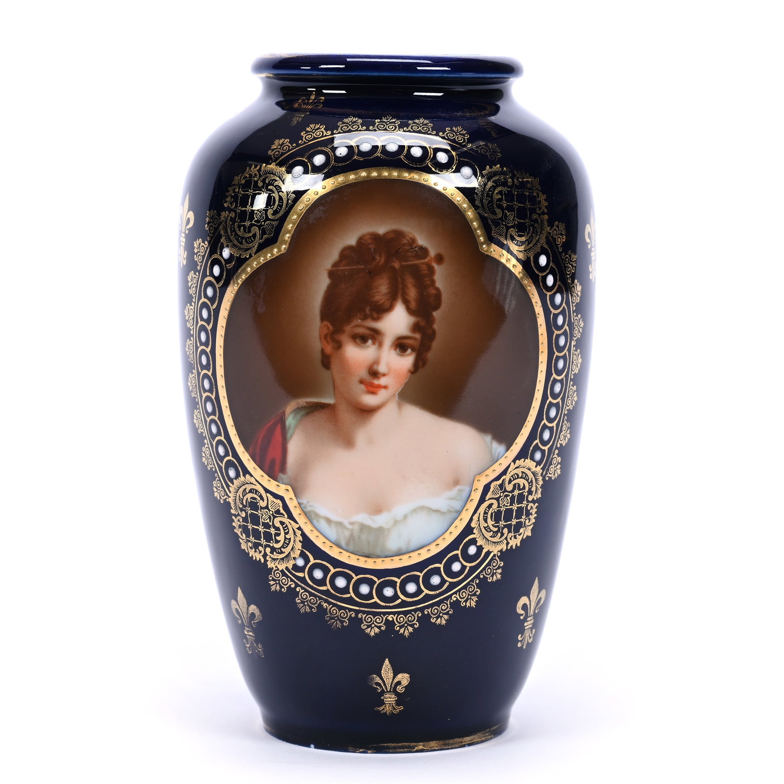Vase Marked Royal Vienna, Cobalt Blue, Portrait Of Recamier, Gold Stencil Fleur De Lys Highlights: Vase Marked Royal Vienna, Cobalt Blue, Portrait Of Recamier, Gold Stencil Fleur De Lys Highlights, 6.5" x 4", Estate Of Marvin And Elfriede MIller, North Dakota.