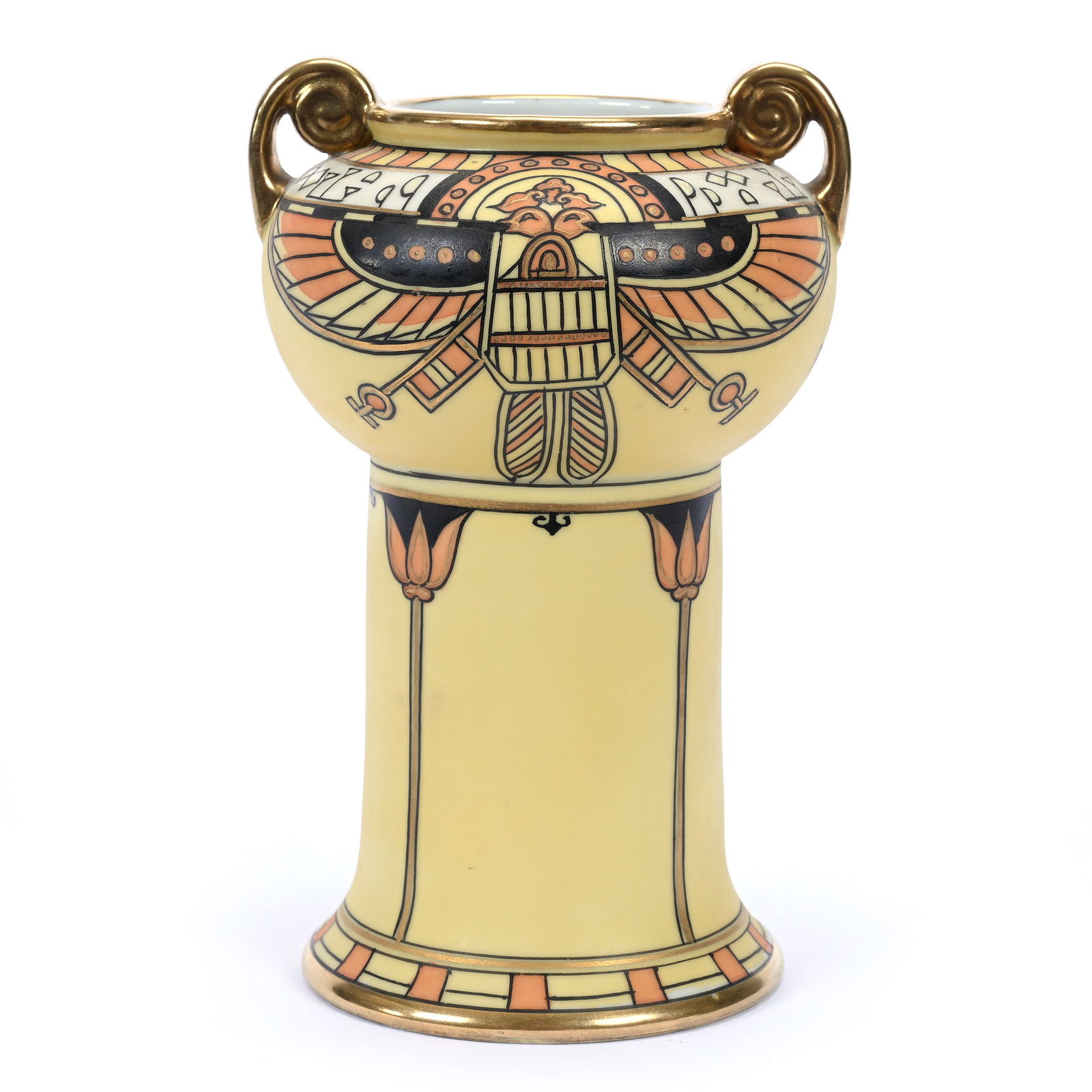Vase, Two Handles, Marked Nippon, Yellow With Stylized Eagle Design: Vase, Two Handles, Marked Nippon, Yellow With Stylized Eagle Design, 7.25" x 4.75", Surface Nick On Handle, Hard To See Hairline On Body, Estate Of Marvin And Elfriede MIller, North Dakota.