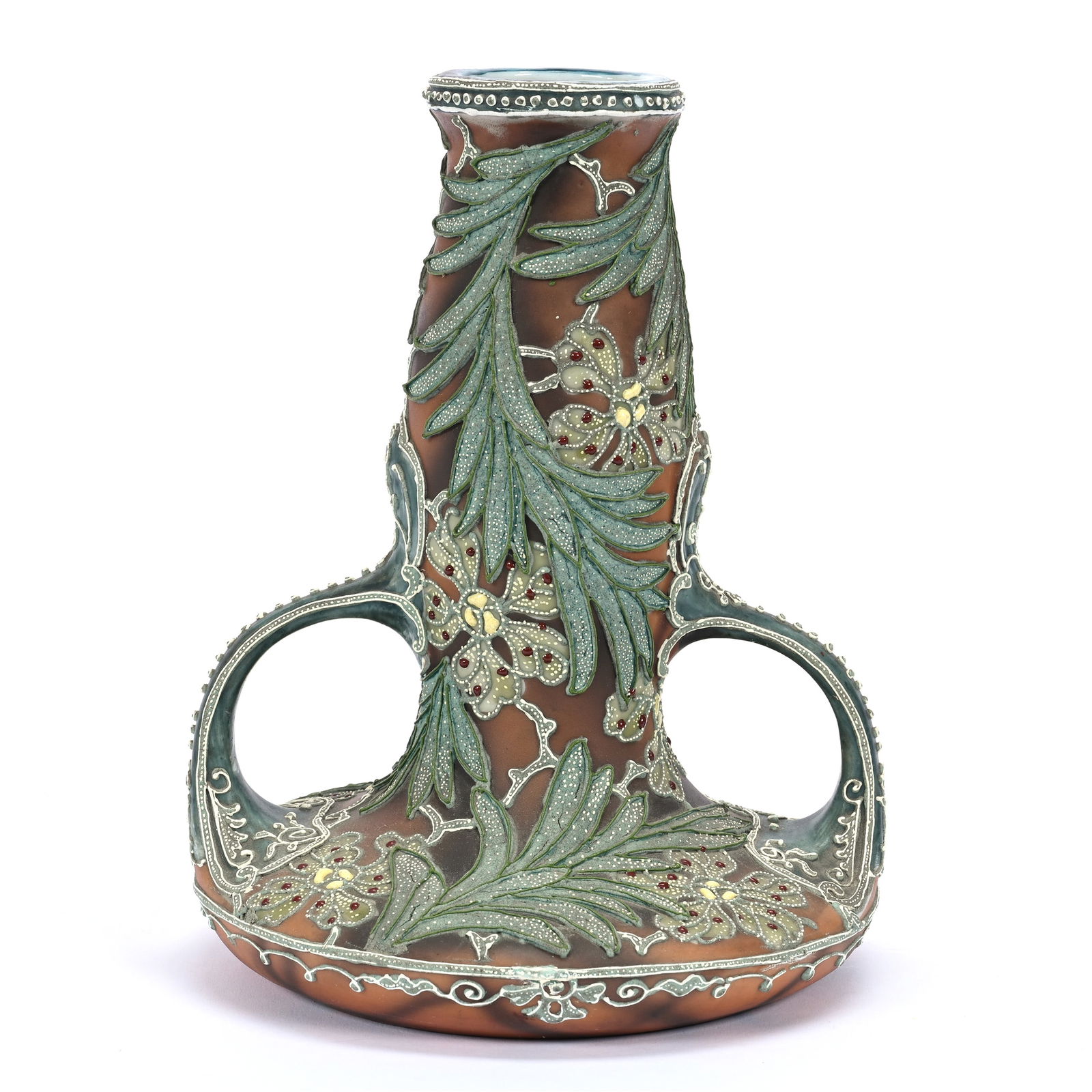 Vase, Two Handles, Unmarked Nippon, Brown With Extensive Green Moriaga Overlay: Vase, Two Handles, Unmarked Nippon, Brown With Extensive Green Moriaga Overlay, 7.5" x 6", Estate Of Marvin And Elfriede MIller, North Dakota.