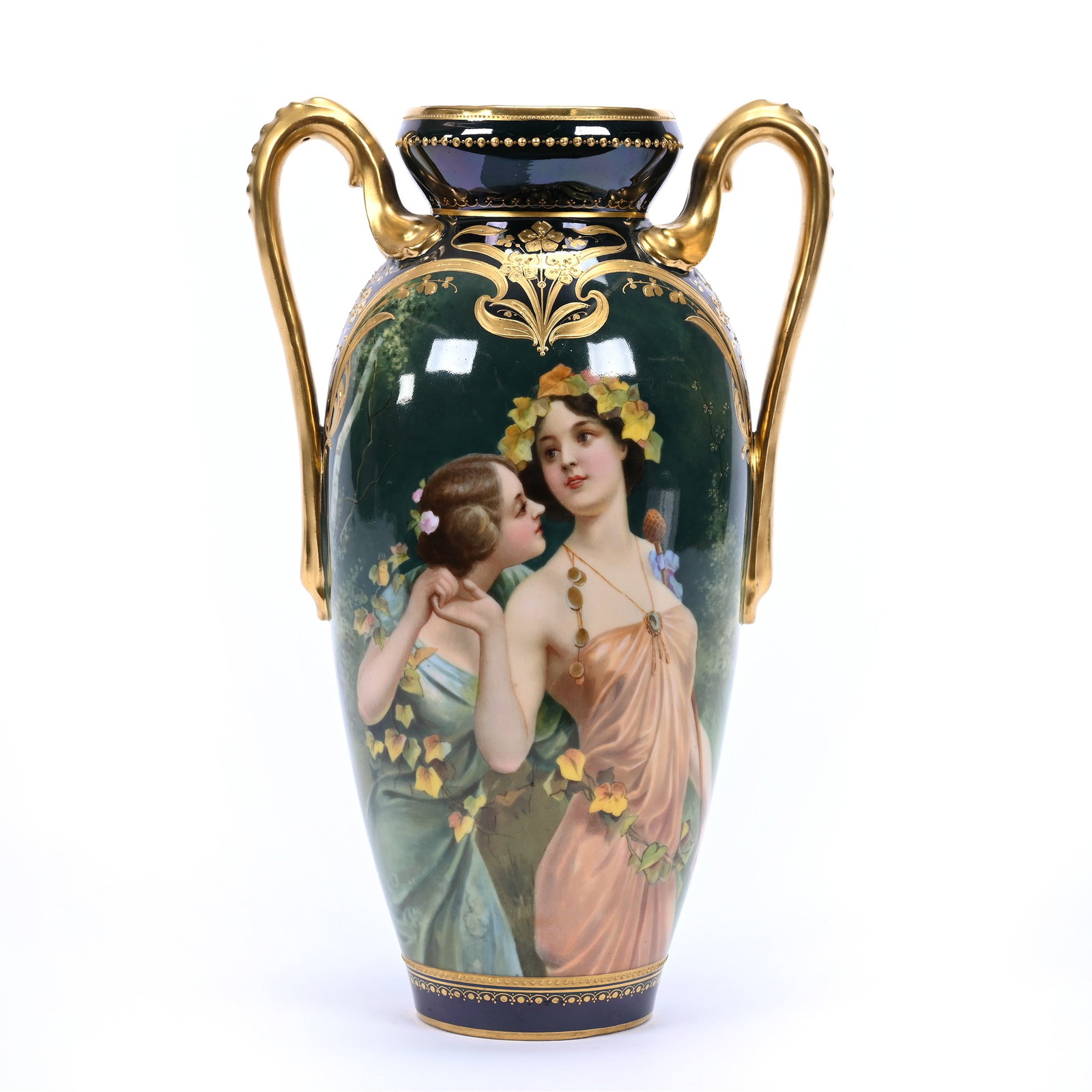 Vase, Two Handles, Royal Vienna Beehive, Two Young Women And Vines, Black Border: Vase, Two Handles, Royal Vienna Beehive, Two Young Women And Vines, Black Border, 10" x 6.25", Fantastic Gold Highlights, Artist Signed Meisel, Possible Rim Touch-Up, Estate Of Marvin And Elfriede MIl