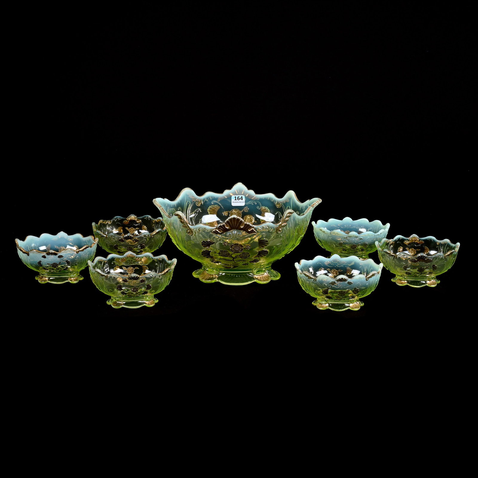 Berry Set, Vaseline Opalescent Everglades Pattern Glass By Northwood: Berry Set, Vaseline Opalescent Everglades Pattern Glass By Northwood, (1) 5" x 10.5" x 7.5" Master Bowl, (6) Matching 5" Berry Dishes, Estate Of Marvin And Elfriede MIller, North Dakota.