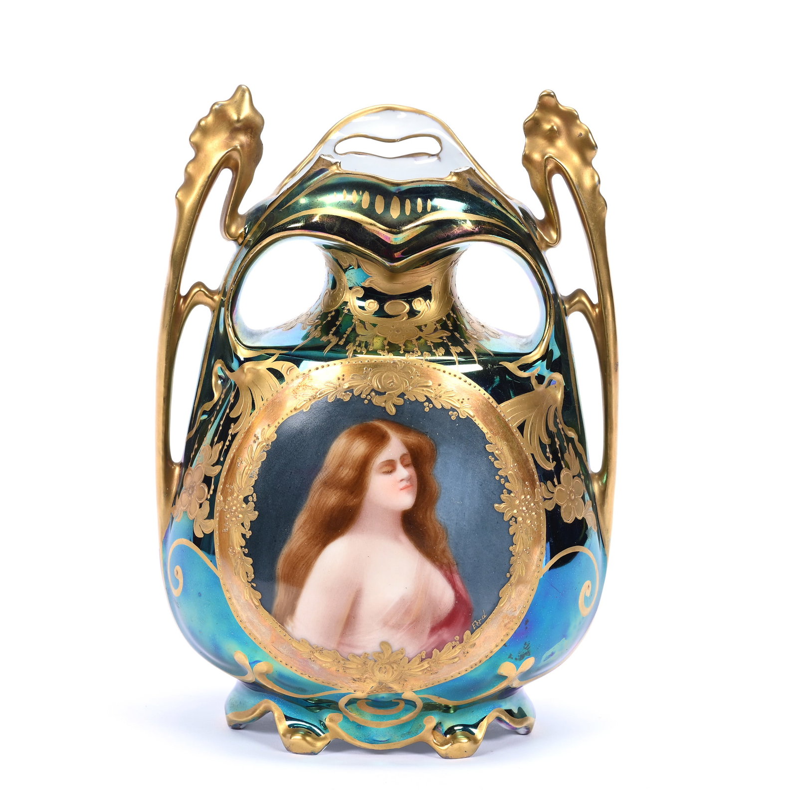 Vase, Two Handles, Marked Royal Vienna Beehive, Iridescent Tiffany Background, Young Woman Portrait: Vase, Two Handles, Marked Royal Vienna Beehive, Iridescent Tiffany Background, Young Woman Portrait, 6.75" x 4.75", Heavy Gold Trim Highlights, Rim Needs Repair, Estate Of Marvin And Elfriede MIller, 