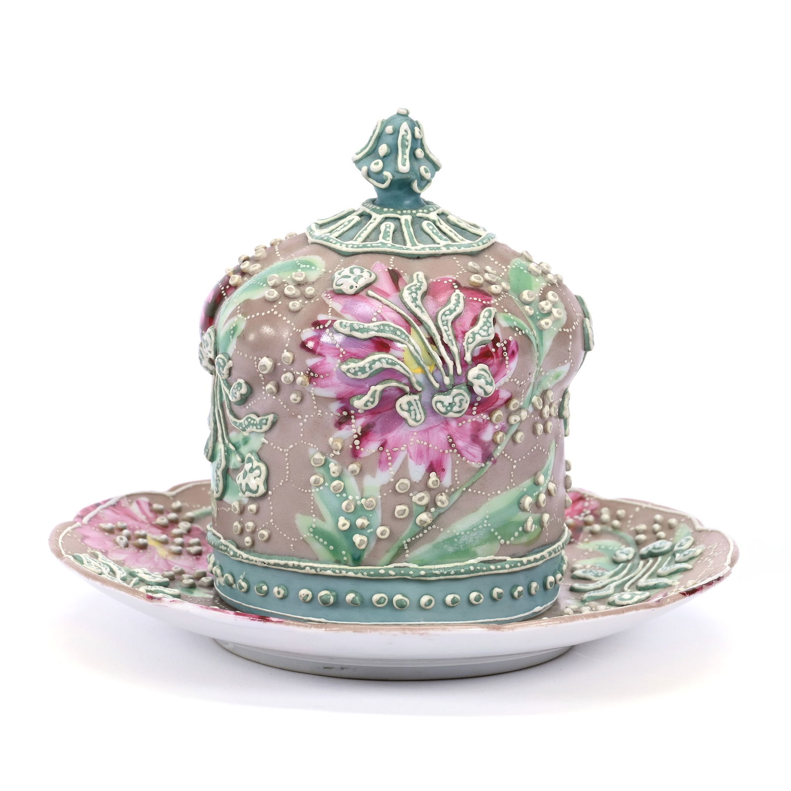 Covered Match Holder With Striker, Unmarked Nippon, Brown And Green Tones, Pink Floral Decor: Covered Match Holder With Striker, Unmarked Nippon, Brown And Green Tones, Pink Floral Decor, 4.25" x 5.5", Moriaga Highlights, Estate Of Marvin And Elfriede MIller, North Dakota.