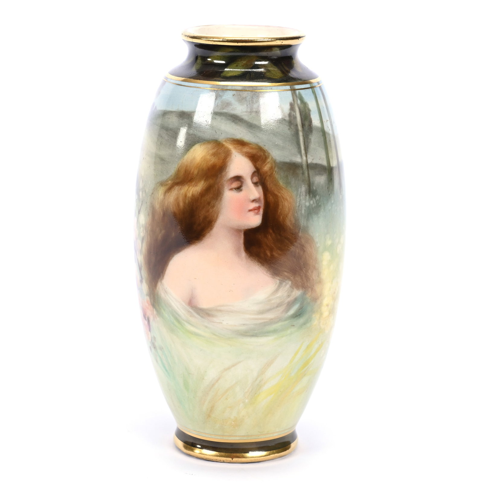 Vase Marked Royal Bonn, Scene Of Field With Portrait Of Young Woman, Artist Signed: Vase Marked Royal Bonn, Scene Of Field With Portrait Of Young Woman, Artist Signed, 6" x 3", Estate Of Marvin And Elfriede MIller, North Dakota.