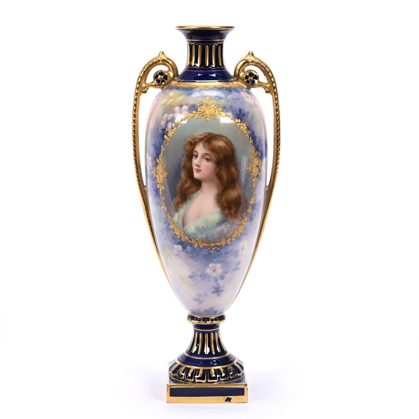 Pedestal Urn Marked Royal Bonn, Blue And White Tones, Medallion Portrait Of Young Woman: Pedestal Urn Marked Royal Bonn, Blue And White Tones, Medallion Portrait Of Young Woman, 12" x 4.75", Artist Signed, Heavy Gold Trim, No Lid, Estate Of Marvin And Elfriede MIller, North Dakota.