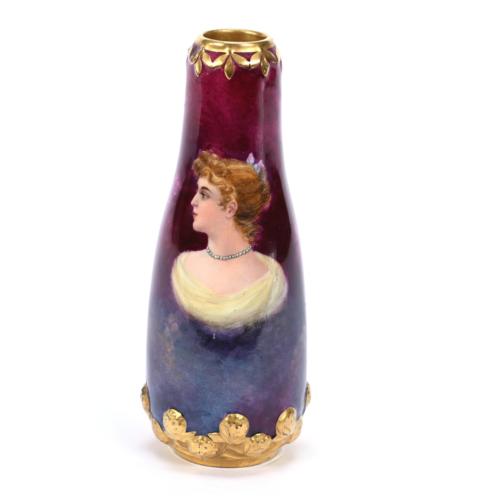 Vase Marked Royal Bonn, Dark Pink And Lavender, Portrait Of Young Woman, Heavy Gold Trim: Vase Marked Royal Bonn, Dark Pink And Lavender, Portrait Of Young Woman, Heavy Gold Trim, 6.75" x 2.75", Estate Of Marvin And Elfriede MIller, North Dakota.