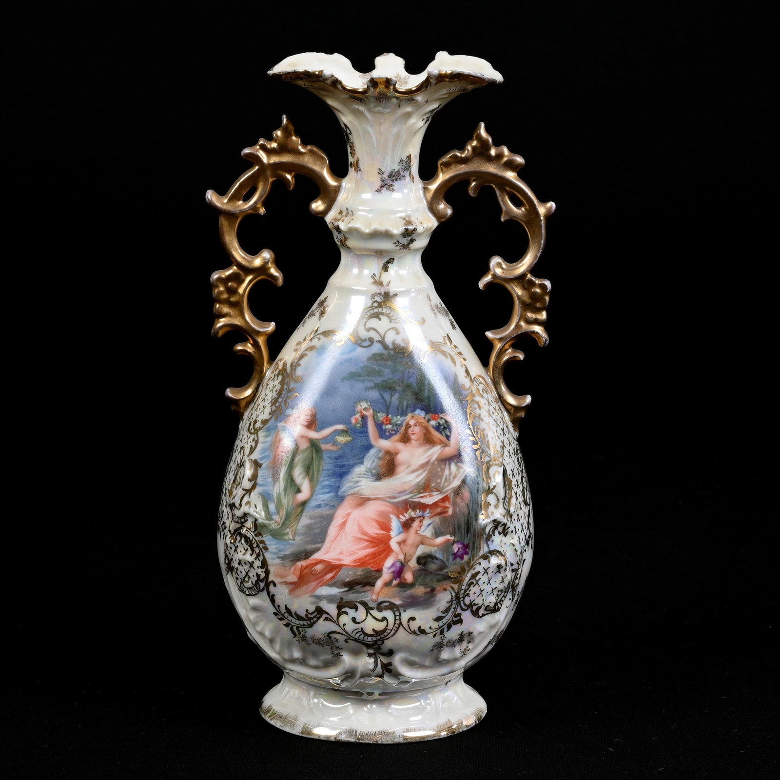 Vase, Two Handles, Marked Victoria Karlsbad Austria, White Luster Background, Mythical Scene: Vase, Two Handles, Marked Victoria Karlsbad Austria, White Luster Background, Mythical Scene, 9" x 5", Gold Stencil Highlights, Estate Of Marvin And Elfriede MIller, North Dakota.