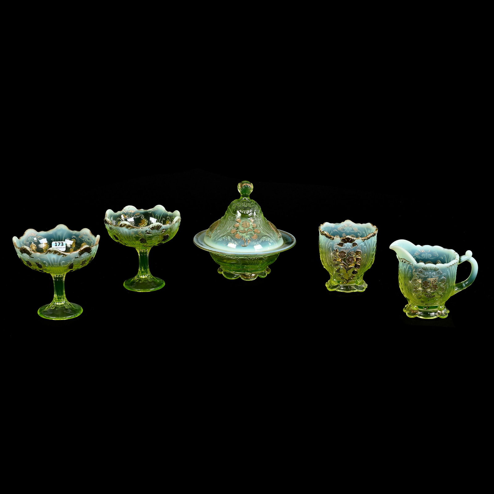 Table Set, Vaseline Opal Everglades Pattern Glass By Northwood: Table Set, Vaseline Opal Everglades Pattern Glass By Northwood, (1) 6.25" x 7.25" Covered Butterdish, (1) Creamer, (1) Spooner With Base Chip And (2) 5" x 5.25" Compotes, Estate Of Marvin And Elfriede