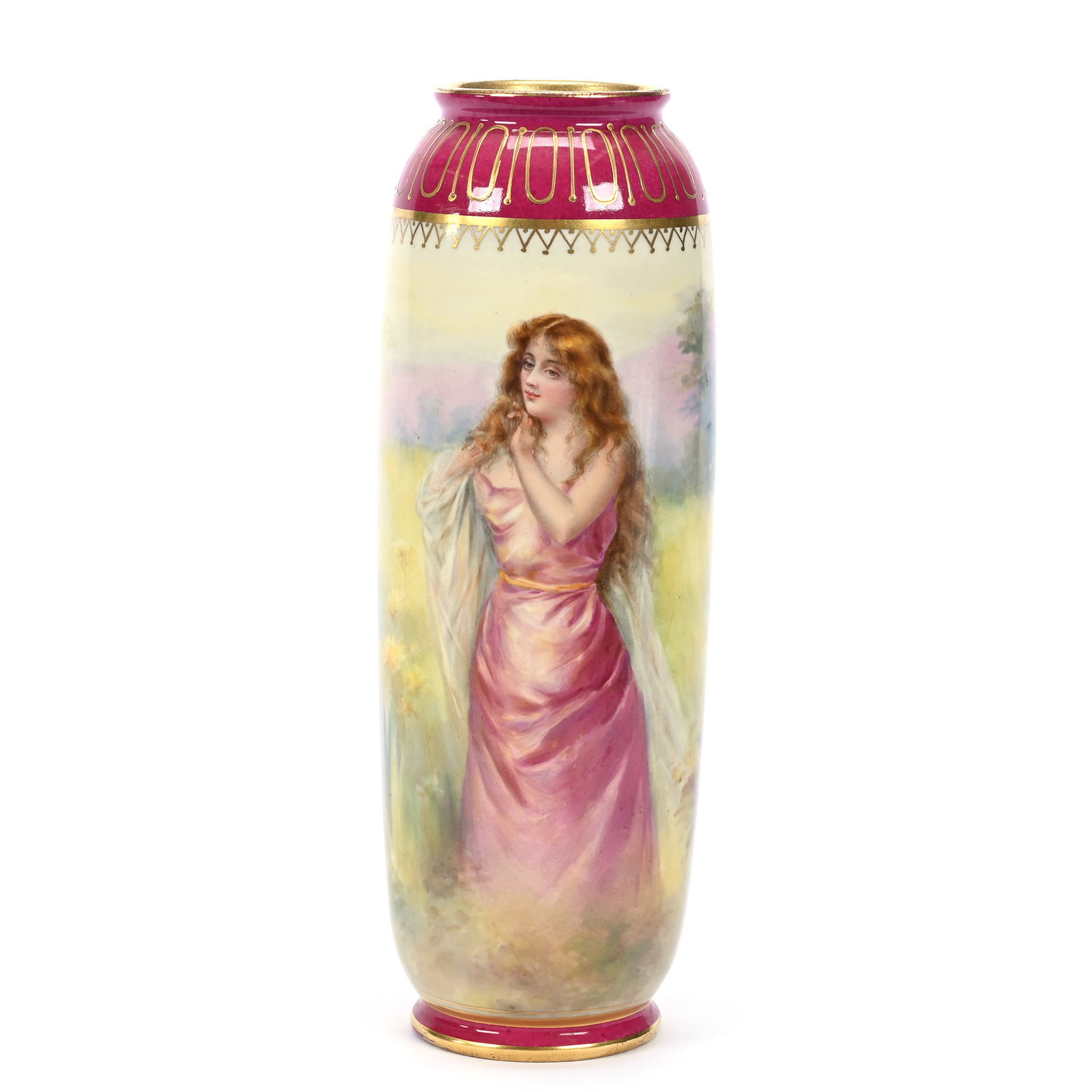 Vase Marked Royal Bonn, Field Scenic Decor, Young Woman Portrait, Artist Signed: Vase Marked Royal Bonn, Field Scenic Decor, Young Woman Portrait, Artist Signed, 9" x 3", Estate Of Marvin And Elfriede MIller, North Dakota.