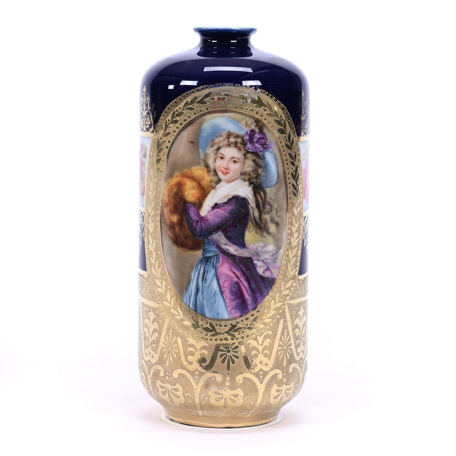 Vase, Royal Bayreuth Blue Mark, Cobalt Blue, Medallion Scene Girl With Muff: Vase, Royal Bayreuth Blue Mark, Cobalt Blue, Medallion Scene Girl With Muff, 7.25" x 3.25", Brocaded Gold Highlights, Estate Of Marvin And Elfriede MIller, North Dakota.